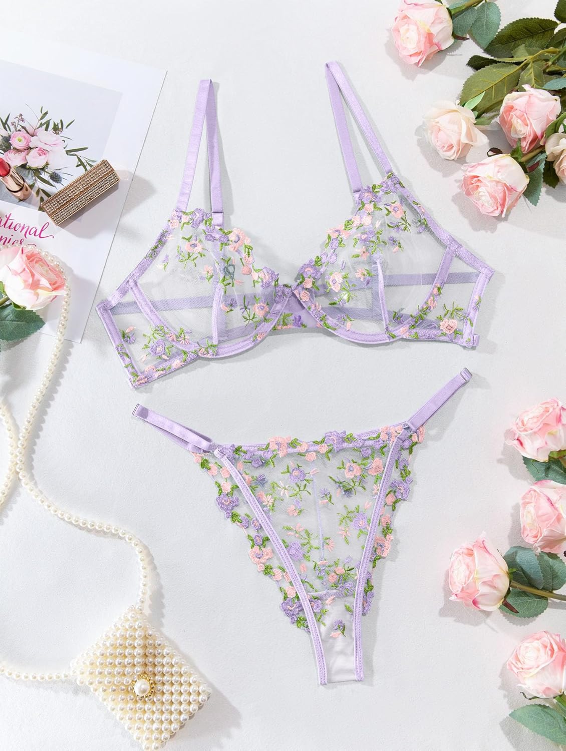 Lilosy Sexy Floral Embroidered Mesh Sheer Underwire Lingerie Set - Image 6
