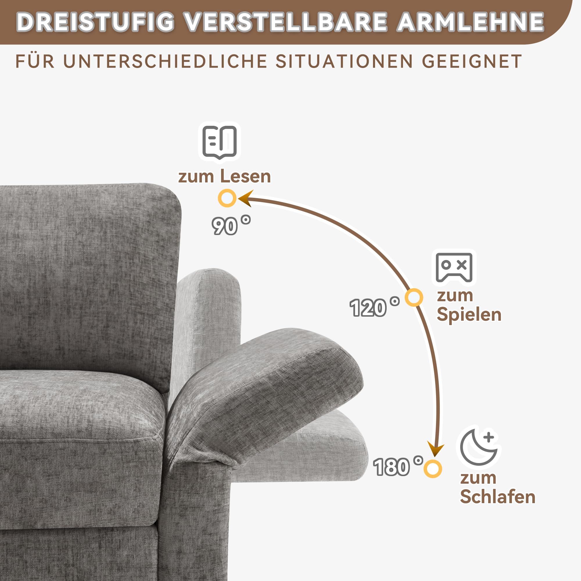 Divano angolare a forma di L con sgabello, funzione 3 posti, 4 cuscini, braccioli regolabili, tessuto di ciniglia, adatto per appartamento, ufficio, soggiorno, grigio