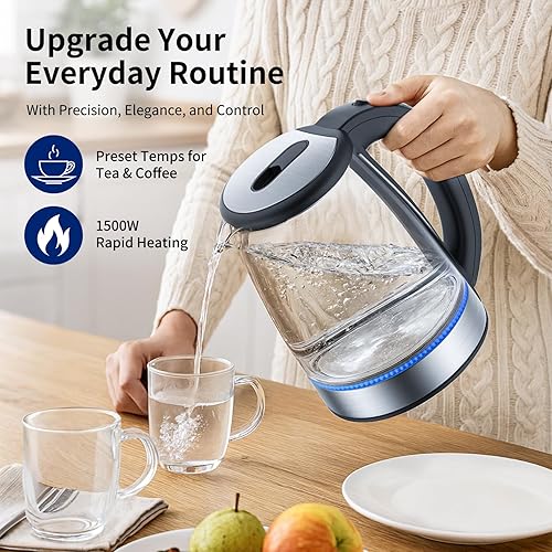 Miniatura 4 de Hervidor eléctrico de vidrio de 2 litros, caldera de agua caliente de ebullición rápida de 1500 W con apagado automático, luz LED, sin BPA, vidrio