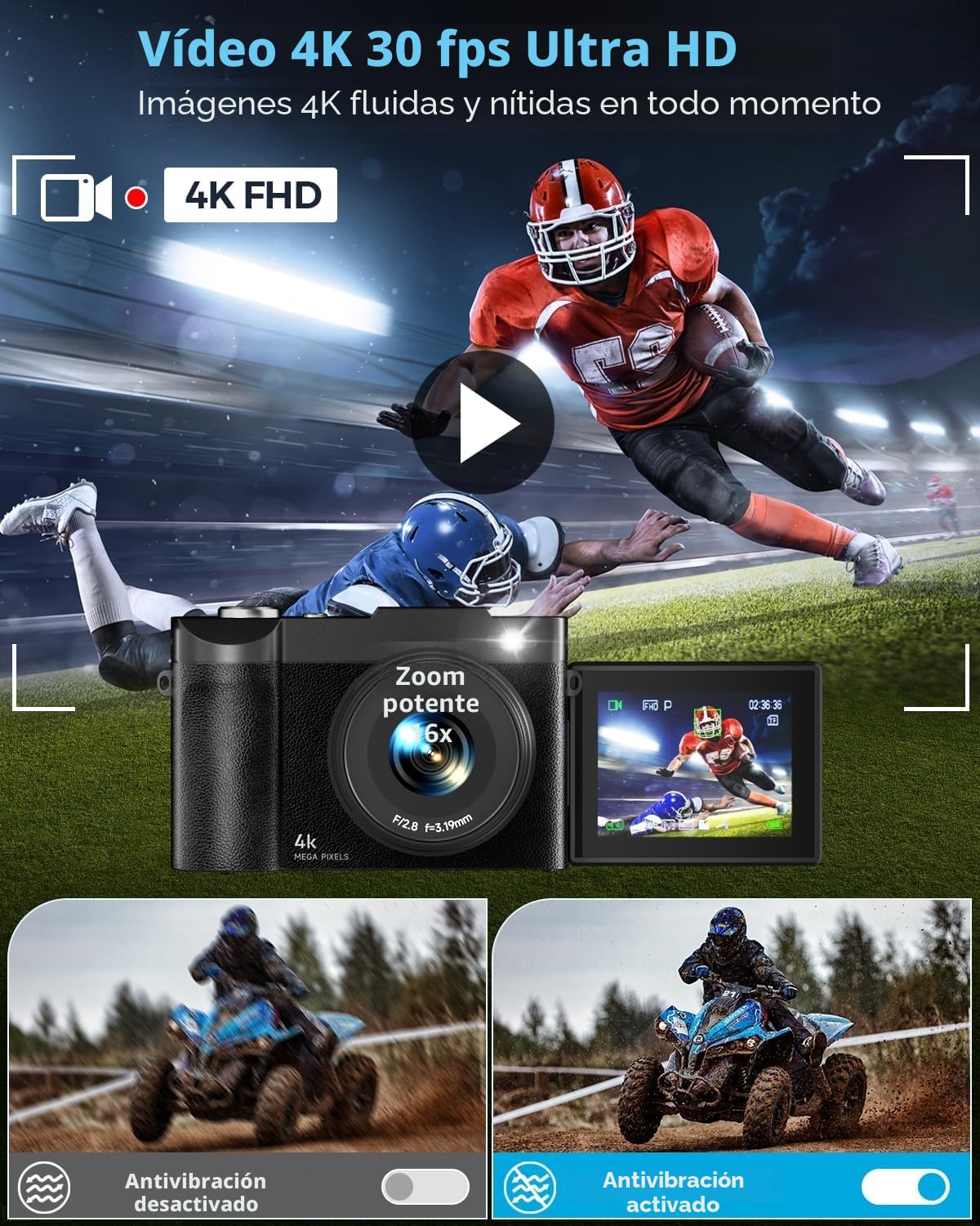 Camara De Fotos 4K: Maxmango 48 MP Cámara Digital Compacta con Pantalla Flip De 180° De 2,8", Autofocus Vlogging con 32GB, 16X Zoom, para Principiantes Niña Niños Chico Adolescentes