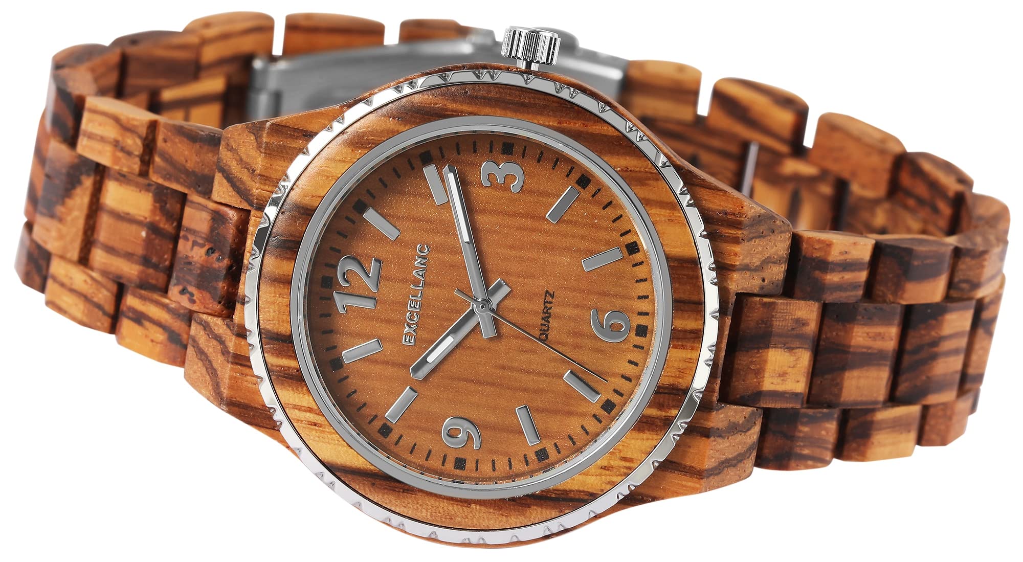 Excellanc Unisex-Holzuhr Leuchtzeiger Faltschließe Analog Quarz 2810007
