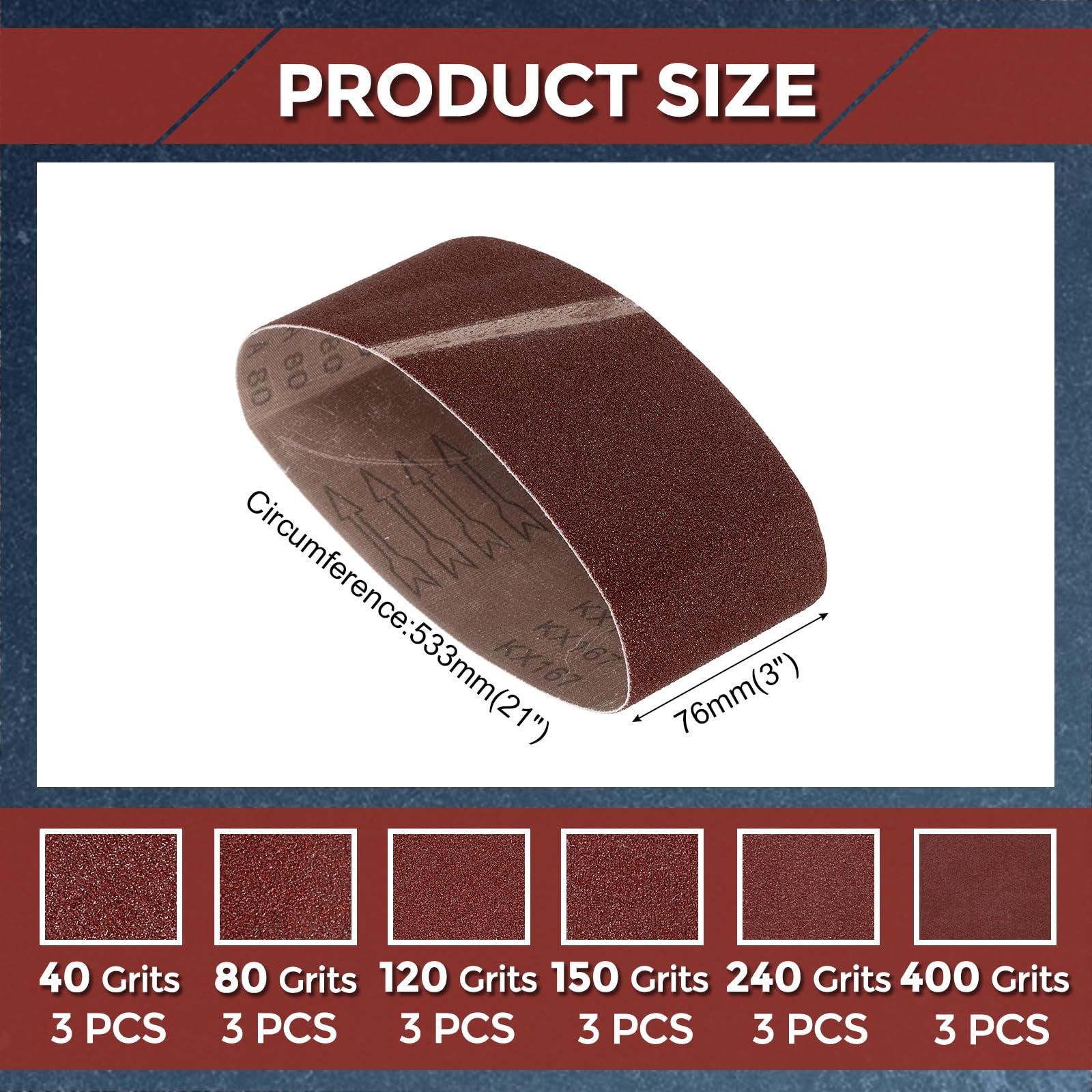 Kozelo 18Pcs Sanding Belts 76mm x 533mm 40/80/120/150/240/400 Grit Aluminum Oxide Abrasive Sandpaper for Belt Sander Metal Grinding Wood Working Weld Rust Removal - Image 2