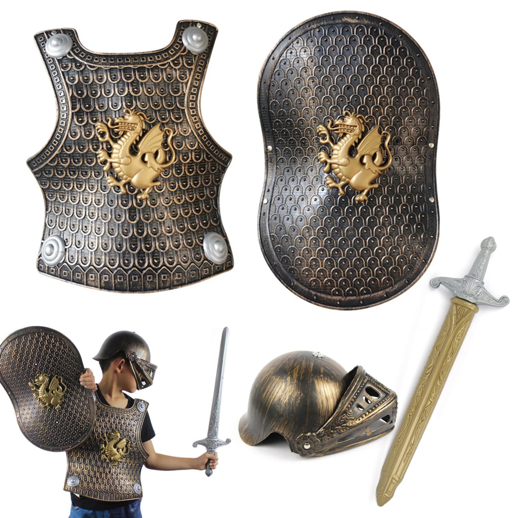 Costume da cavaliere per bambini, 4 pezzi, set di armatura in plastica, adatto per bambini da 3 a