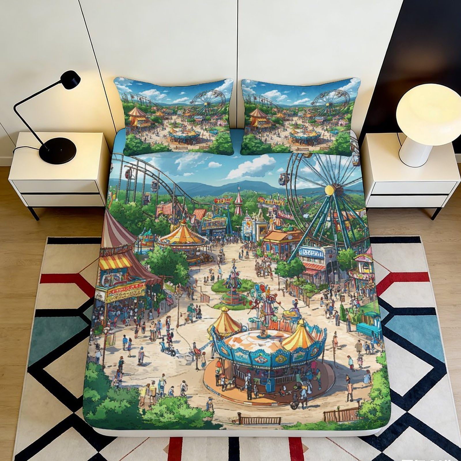 Jqzkxnhpbr Style-9 3D Printed Amusement Park Fitted Sheet Microfiber Soft Breathable Carnival Scene Bed Cover For Bedroom Decor 90X200x25cm