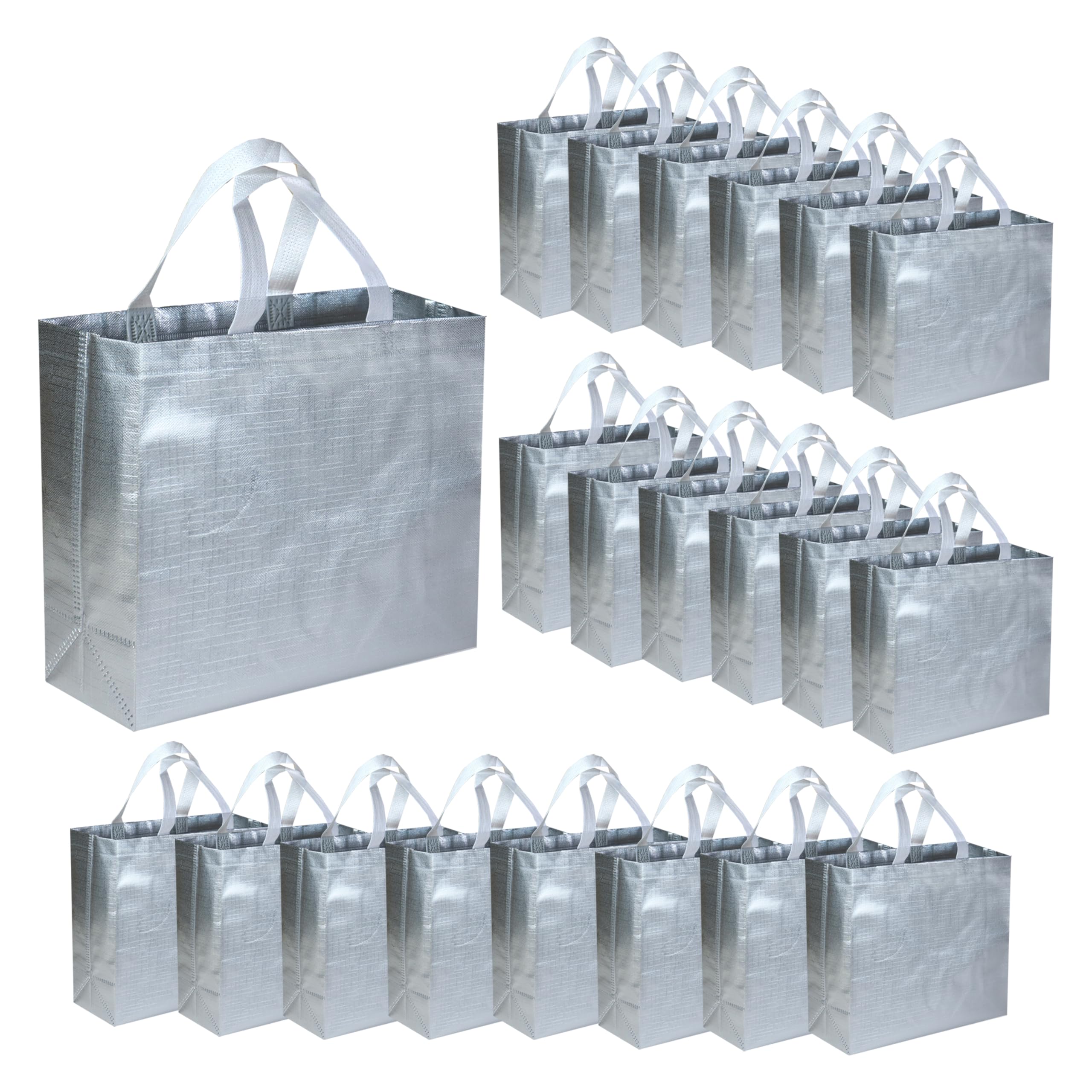 CHENGBAI 15-Pack Silver Reusable Gift Bags - 12.2x4.72x11 Inch Glossy Metallic Wrap Bags For Holidays & Parties