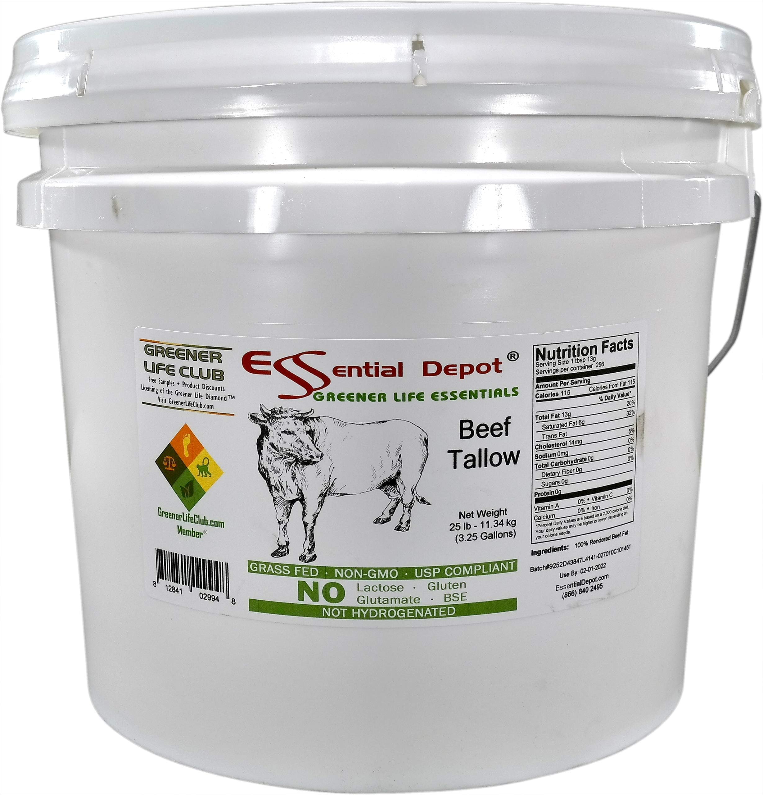 Beef Tallow - GRASS FED - Non-GMO - Not Hydrogenated - UPS Compliant - Free from Lactose-Gluten-Glutamate-BSE - 25 lbs in a 3.5 Gallon HDPE microwaveable pail with resealable lid and removable handle