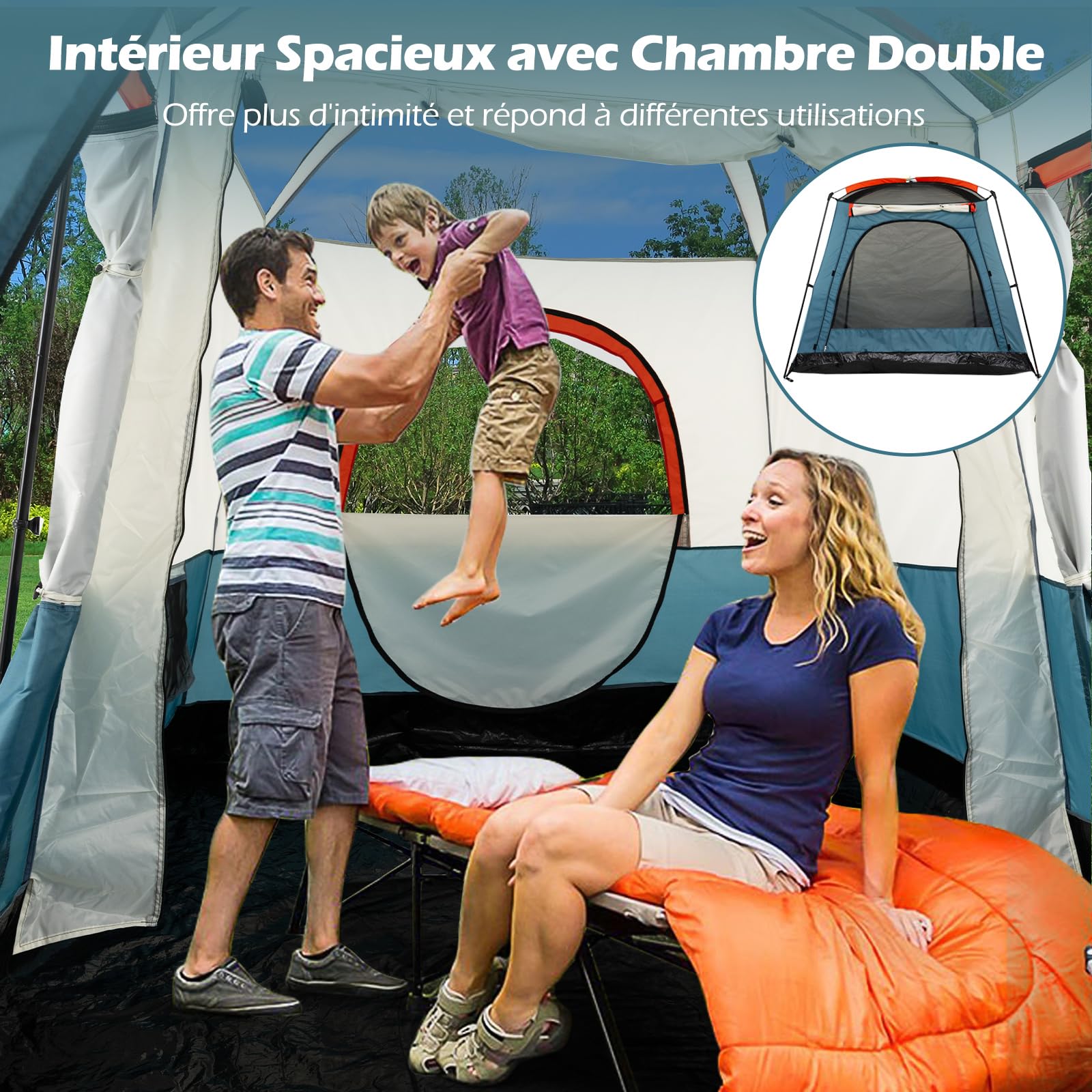 GOPLUS Tente de Camping pour 6 Personnes avec 2 Chambres Séparées, Double Couche & Double Toit, Bâche PE & Fenêtres en Filet, Tente Familiale Imperméable et Coupe-Vent avec Sac de Transport