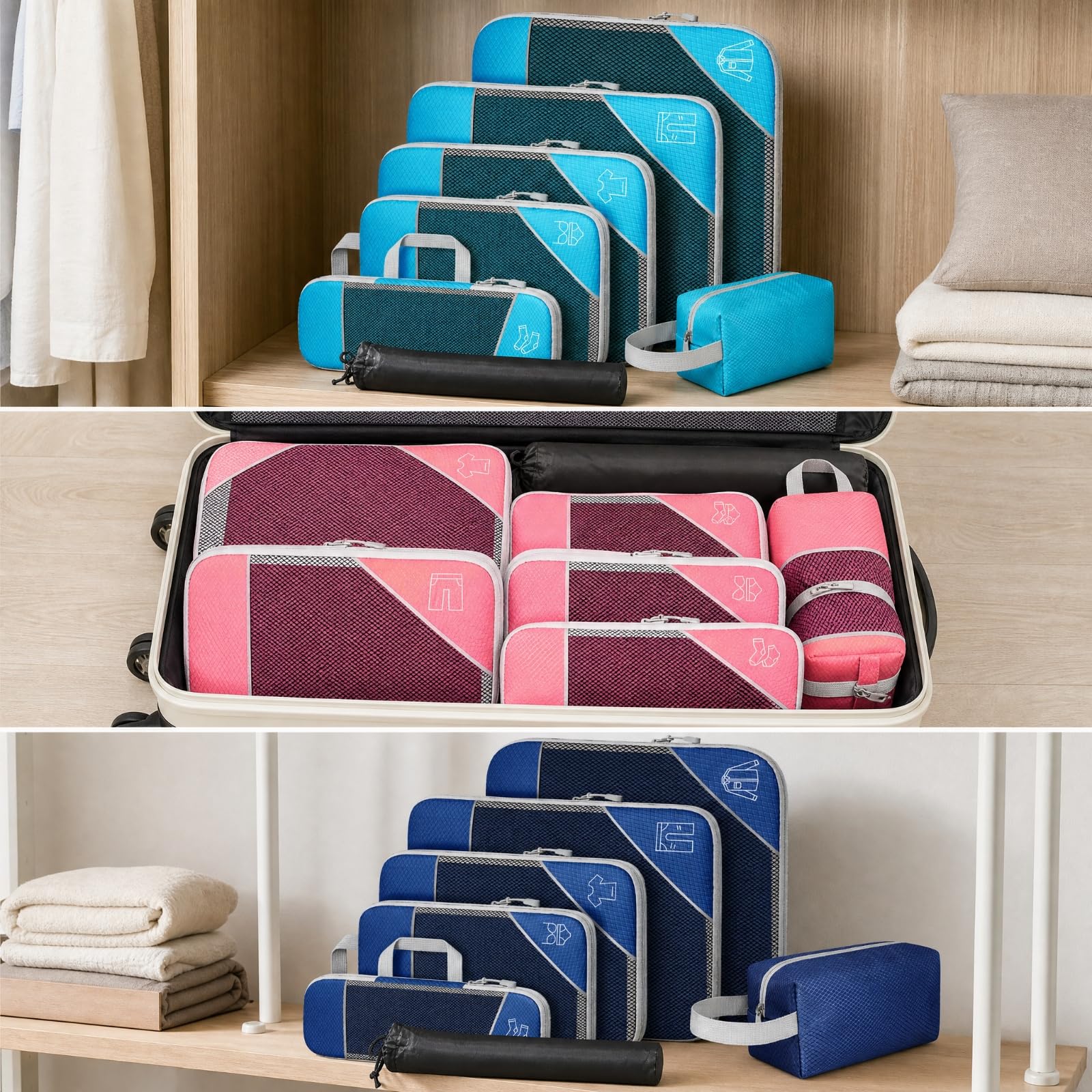 7 èces Organiteur Compreion Travel En Nylon Robuste Kit Rangement Pochtes à Fermure É c à Chauures Travel, Rose