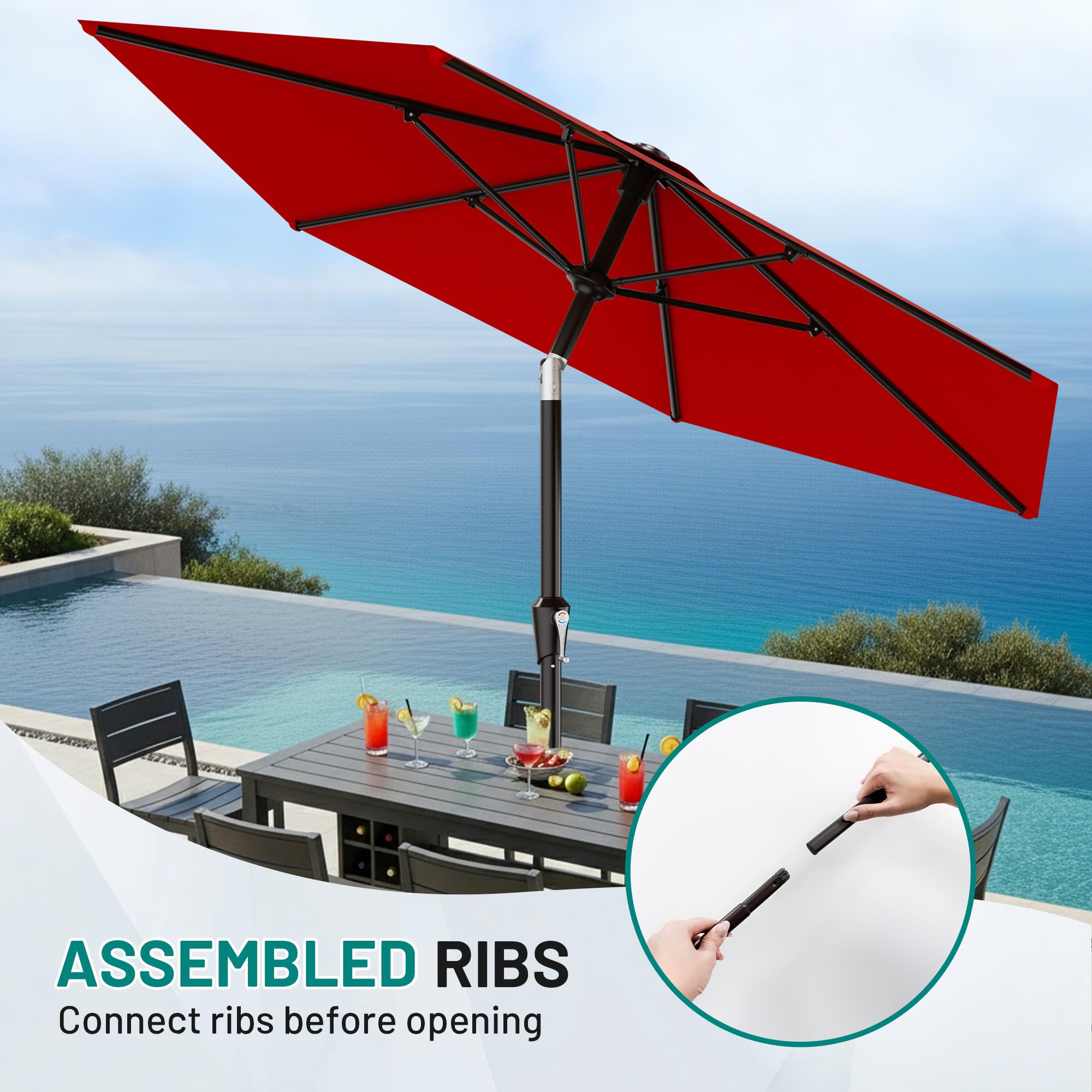 AreShark 10 FT Patio Umbrella for Outdoor, Outdoor Table Umbrella with Push Button Tilt and Crank, Outdoor Patio Umbrellas with 6 Sturdy Ribs, Patio Umbrellas for Market, Garden, Pool (Red) — view 6