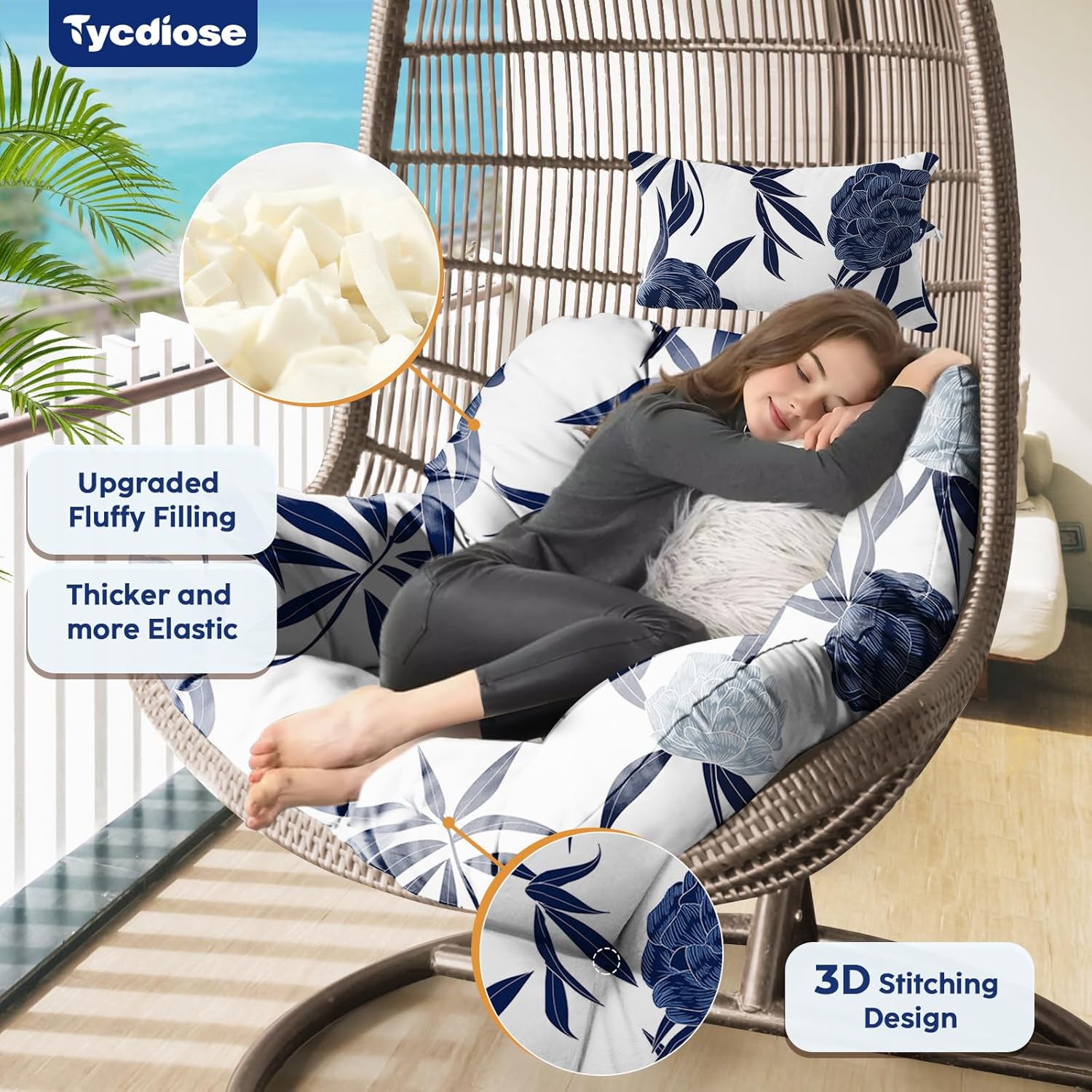 Outdoor Hanging Egg Chair Cushion Replacement, Extra Large Waterproof Egg Swing Cushions with Headrest Pillow and Ties, U-Shaped Thickened Cushion for Hanging Eggs Chair (Blue Enchantress)