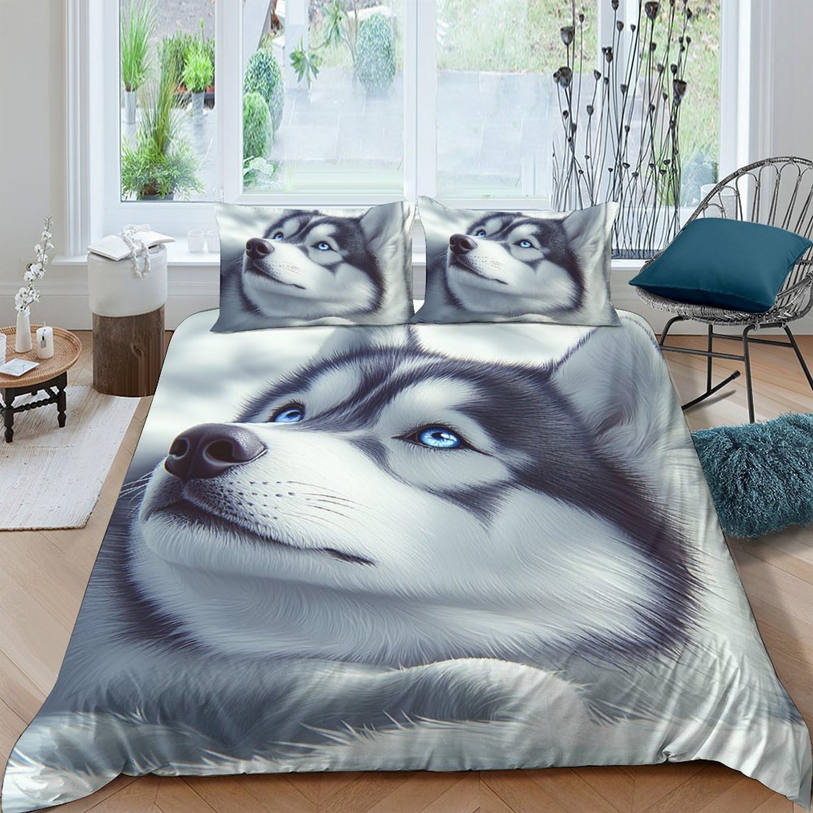 GPLZQXKJNH 3D Printed Husky Wolf Duvet Cover Microfiber Soft Breathable Animal Bedding Set with 2 Pillowcases for Bedroom Decor Single（135x200cm）
