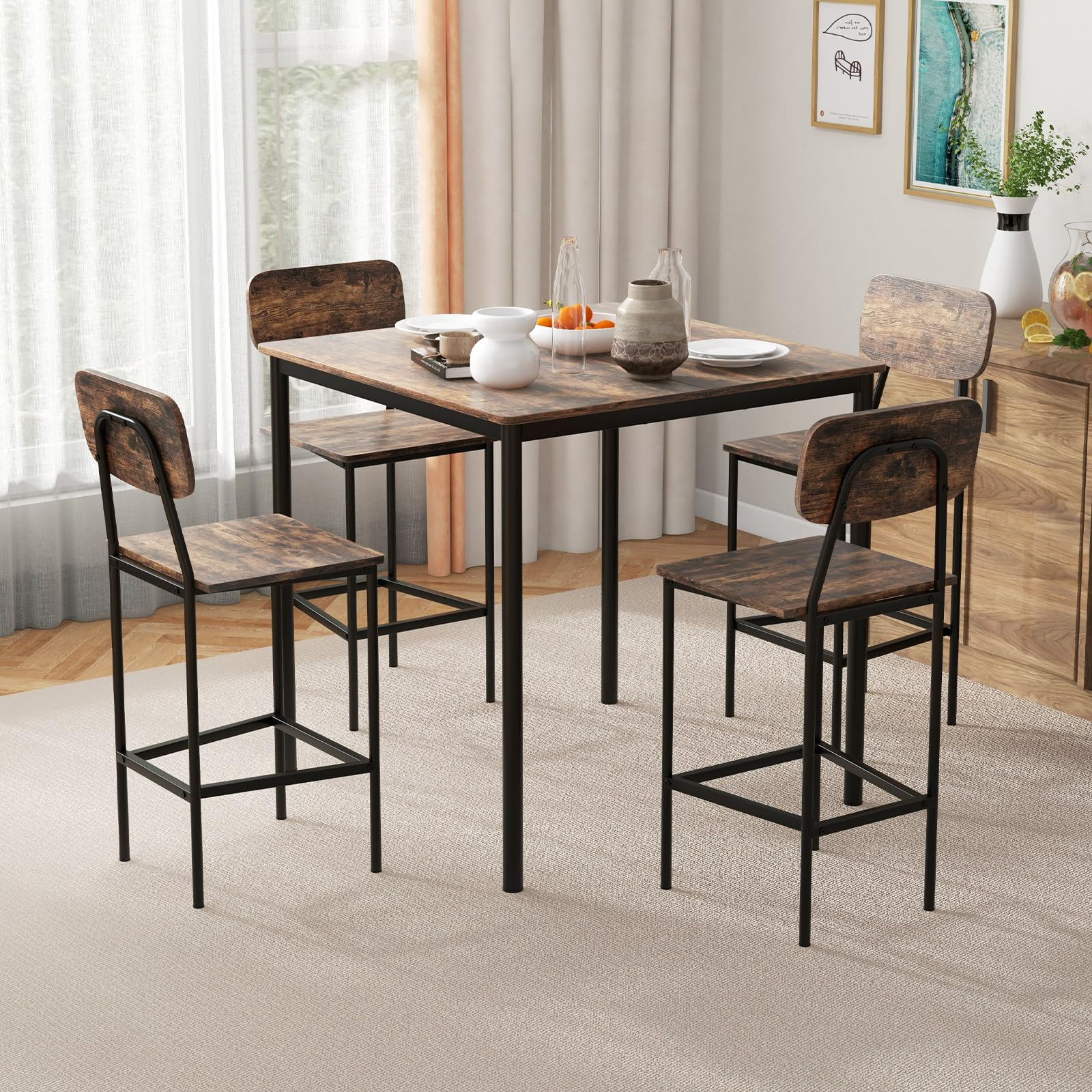 COSTWAY Ensemble Table et 4 Chaises, Table Haute Cuisine 90 x 90 cm, Tabouret avec Dossier, Mange Debout pour 4 Personnes, Design Compact, pour Cuisine, Bistro, Salon, Bar (Marron foncé)