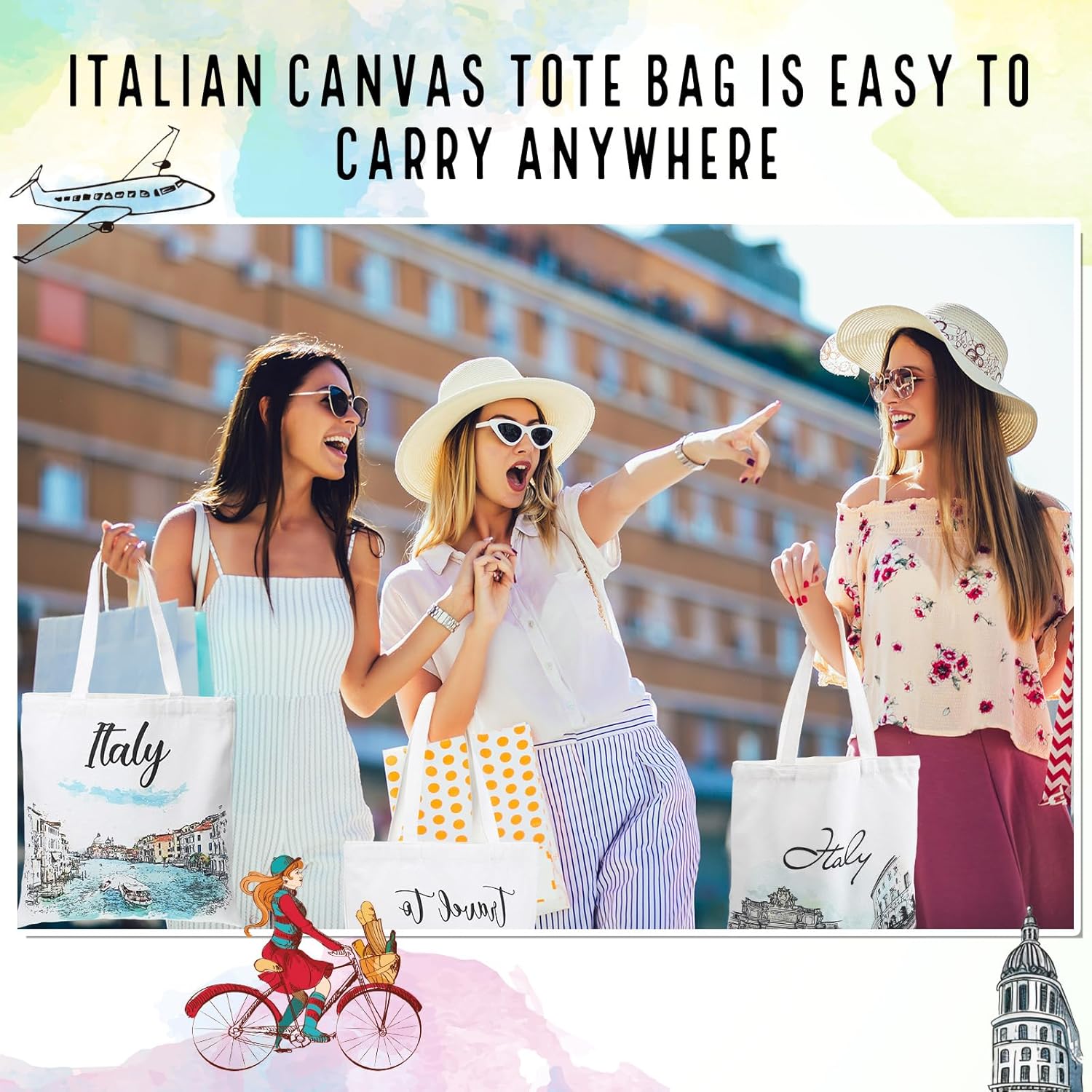 Paterr 6 Pcs Italy Canvas Tote Bags Watercolor New York Travel Souvenir Art Design Gifts Grocery Shopping Beach Bag for Travelers Women Men - Image 2