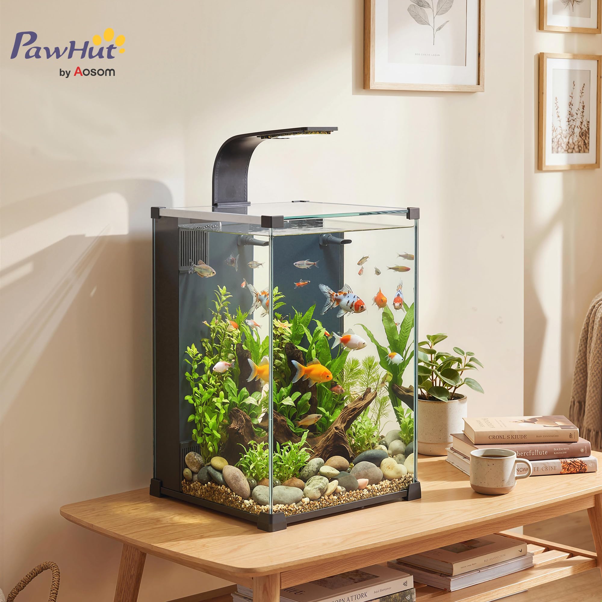 PawHut Aquarium en Verre Trempé 36L Complet avec Filtre Intégré, Pompe 5W et Éclairage LED - Nano Kit Débutant pour Plantes et Poissons 30x30x45cm, Noir