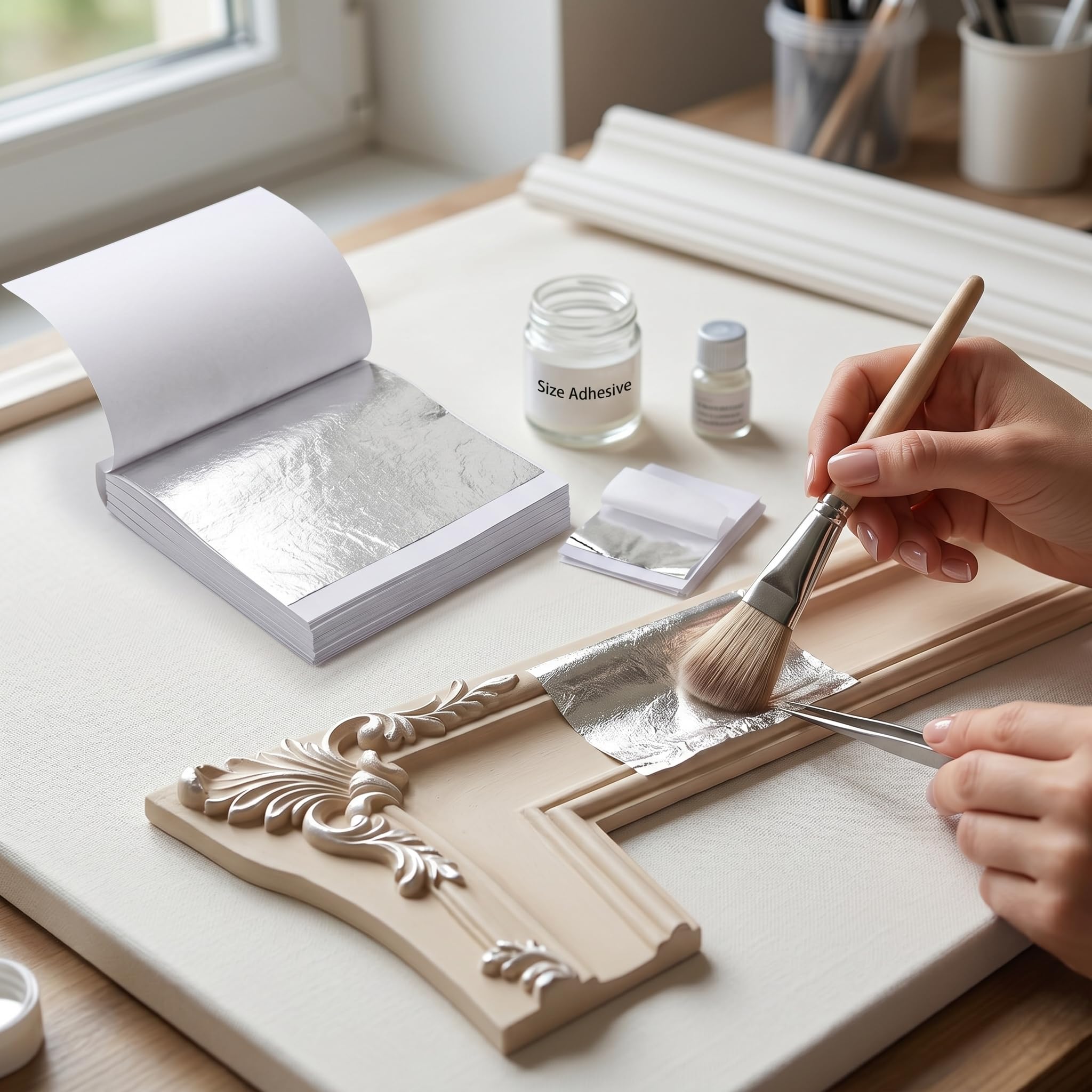 100 Hojas de Plata de imitación para Manualidades, 8.5 x 8 cm, Pan de Plata Flexible, Ideal para Pintura, decoración, Muebles, uñas y proyectos creativos de Bricolaje