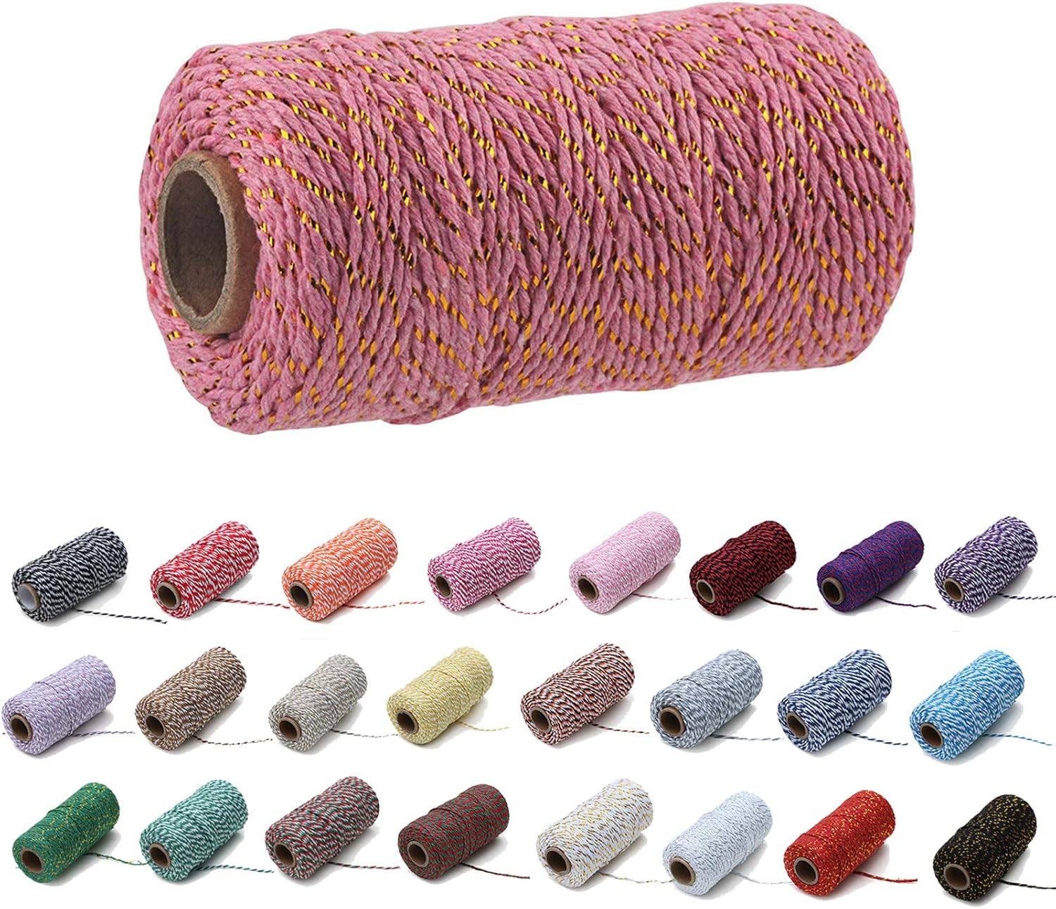 1 Roll 2mm 109 Yard Colourful Cotton Cord Bakers Twine DIY Crafts Gift Wrapping Christmas Wedding Home Decor String Rope (Gold Wire+Pink)
