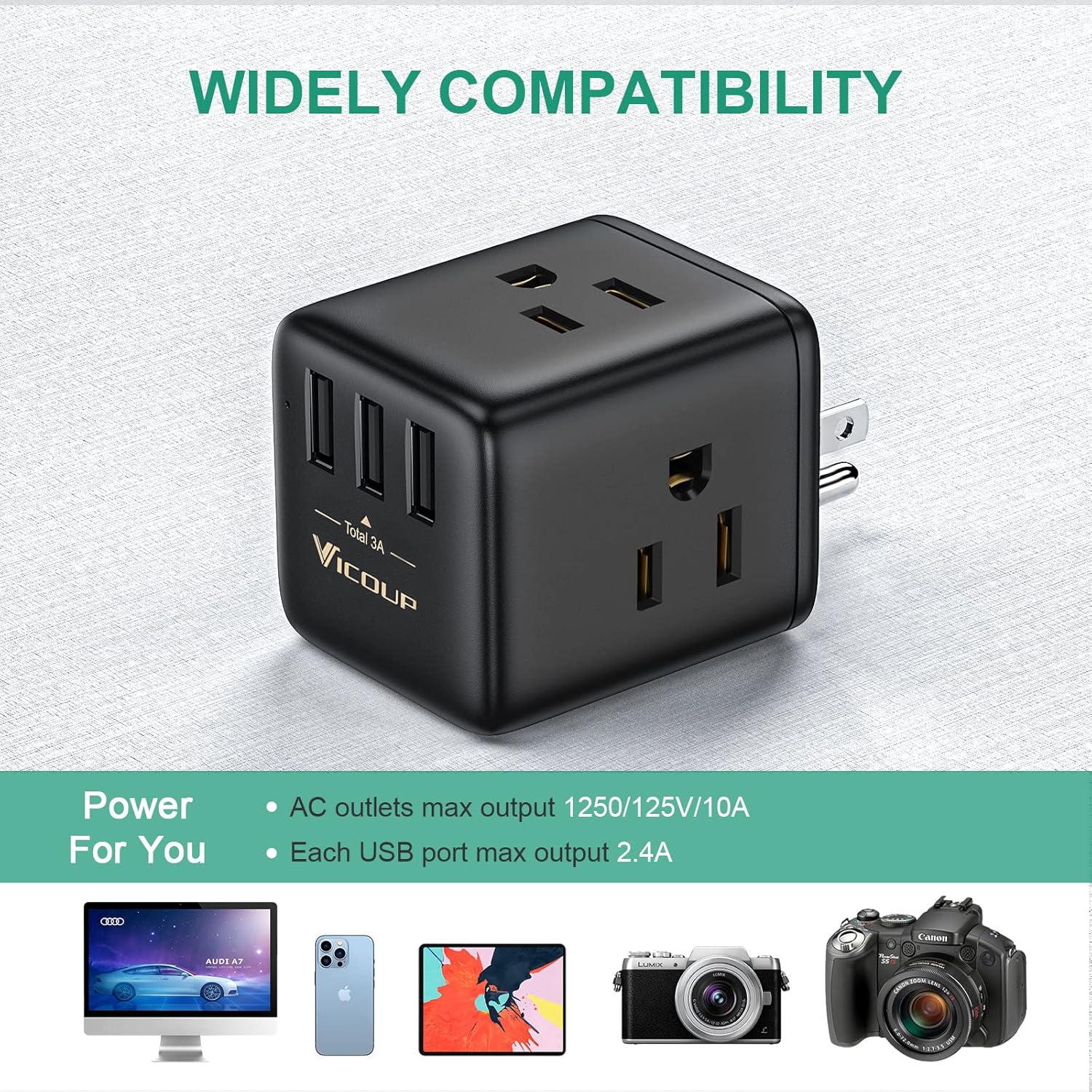 Multi Plug Outlet Extender, VICOUP Wall Plug with 3 Electrical Outlets & 3 USB Ports Wide-Spaced Cube Charger, USB Outlet Adapter Splitter for Home Office Dorm Hotel - - 