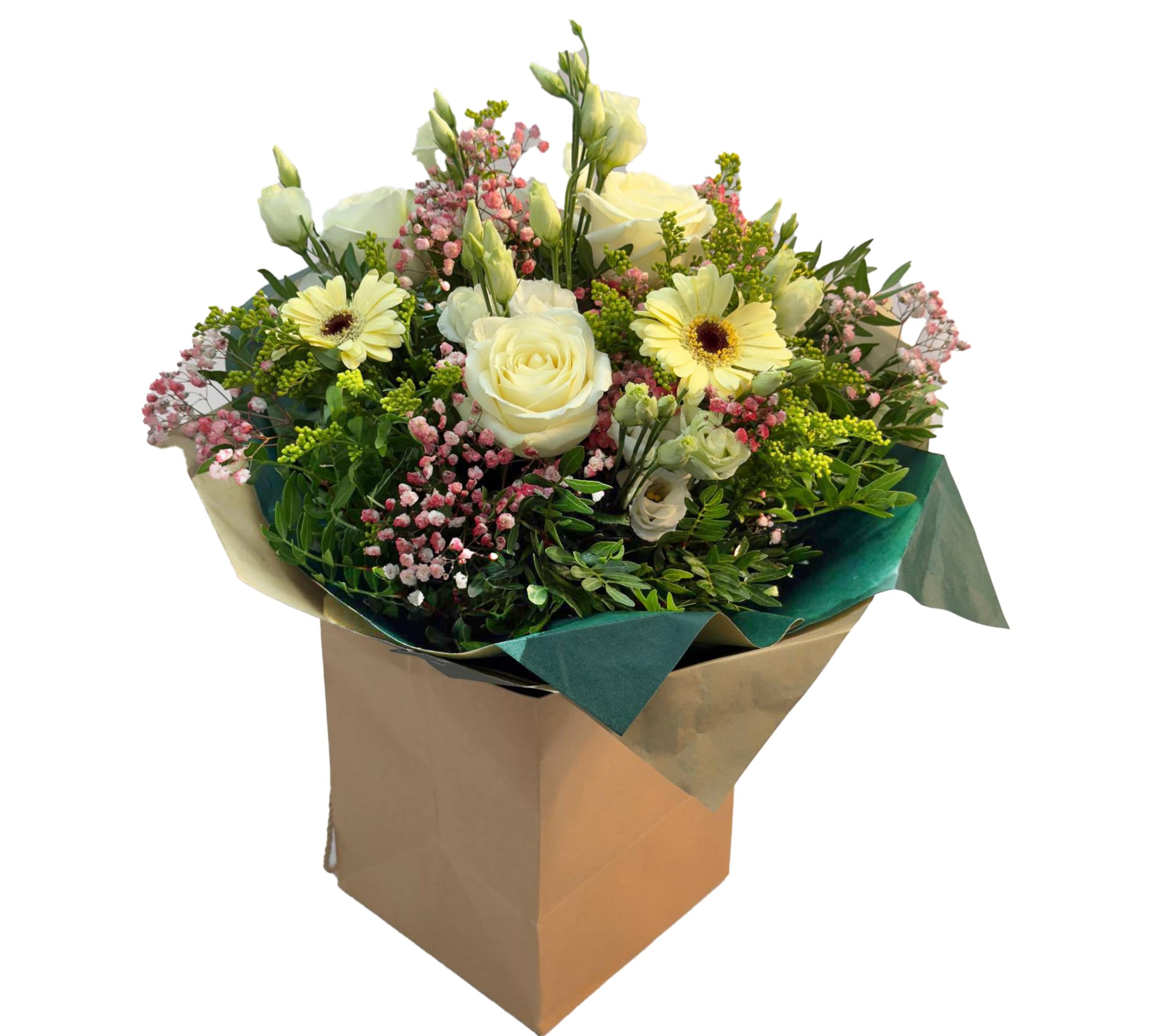 Meadow Charm Fresh Flower Bouquet – White Roses, Cream Gerberas | Purple Arrangement for Birthday, Anniversary, Get Well Wishes, Seasonal Gift