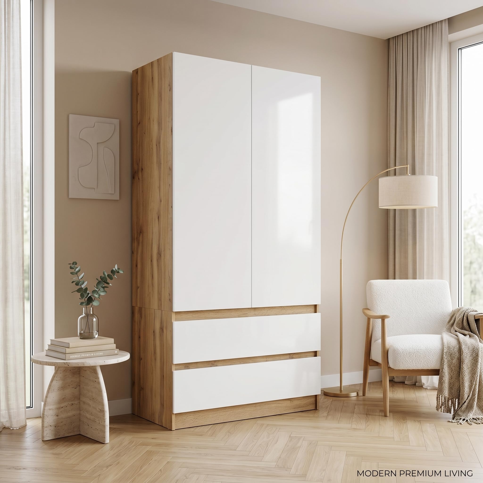 Happy Babies Armadio bicolore, 90 cm, antracite/bianco, armadio con 2 cassetti, moderno guardaroba per camera da letto, camera dei ragazzi, 90 x 180 x 50 cm (rovere Votan, bianco)