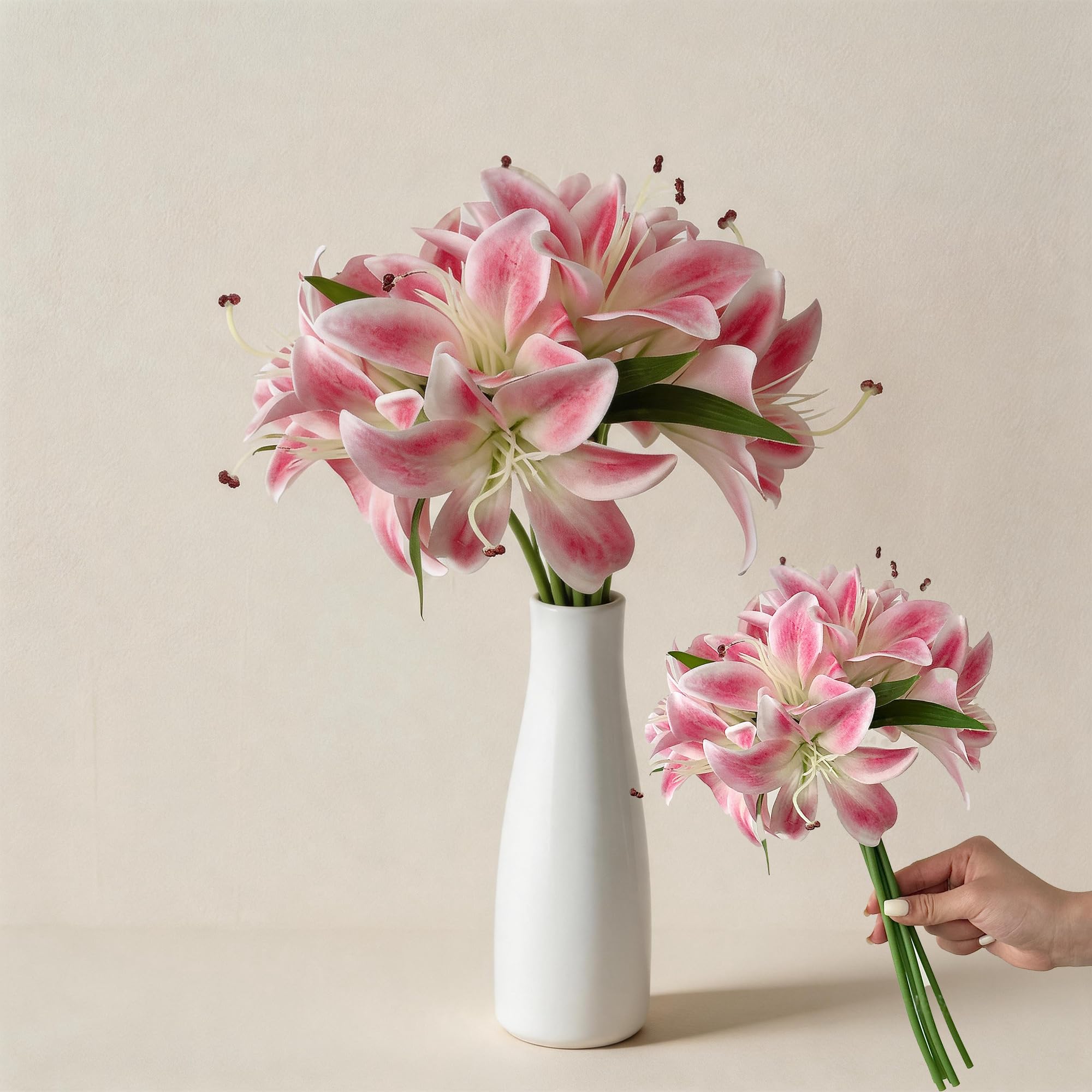 MINWEGI 6PCS Artificial Flowers Lilies Bouquet - 12 Realistic Faux Lily Flowers with Bendable Stems for Wedding & Home Decor, Non-Allergenic Silk Flowers for Table Centerpiece,Pink — image 1