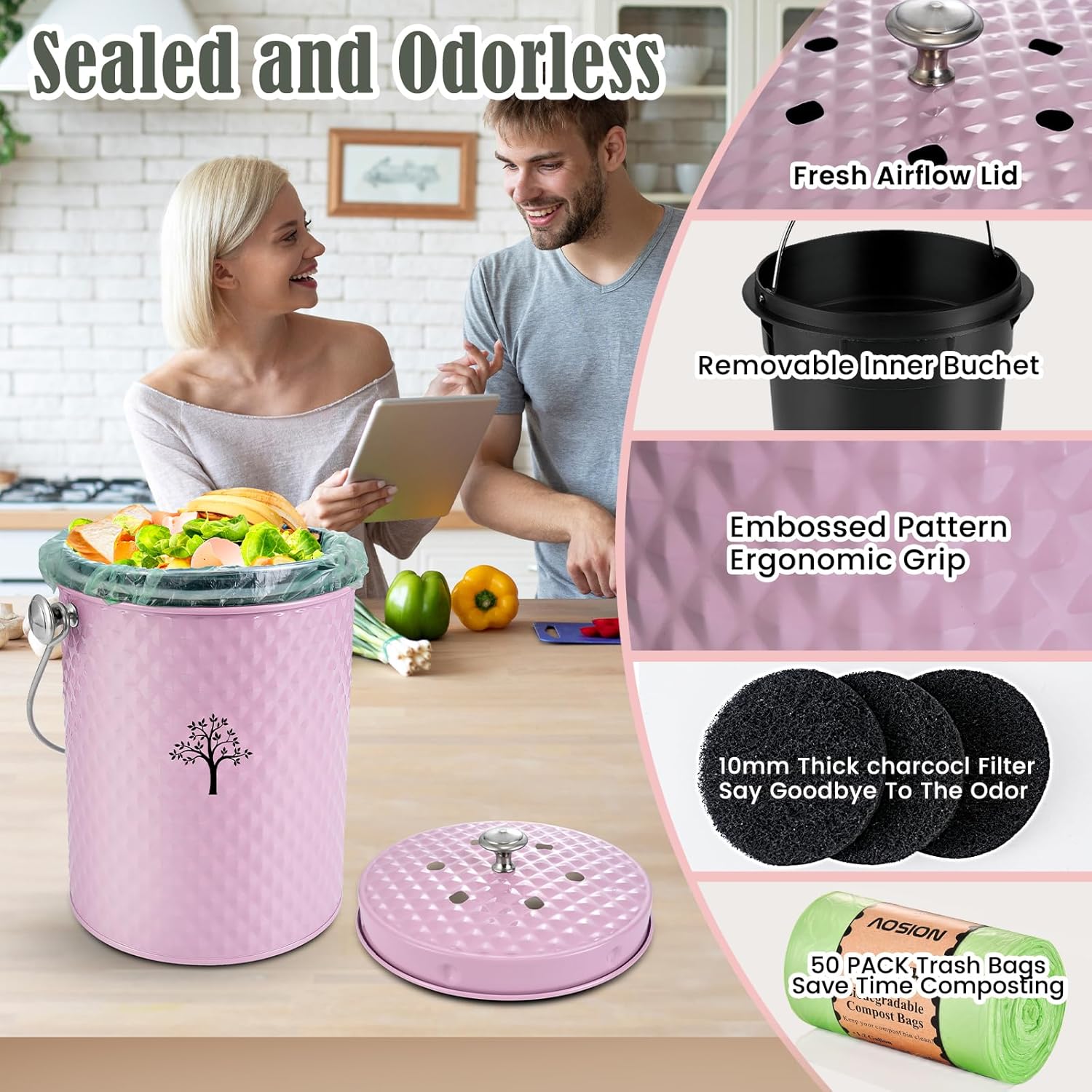 AOSION Countertop Compost Bin Kitchen & 3.5 Quart Stainless Steel Saucepan with Steamer Basket