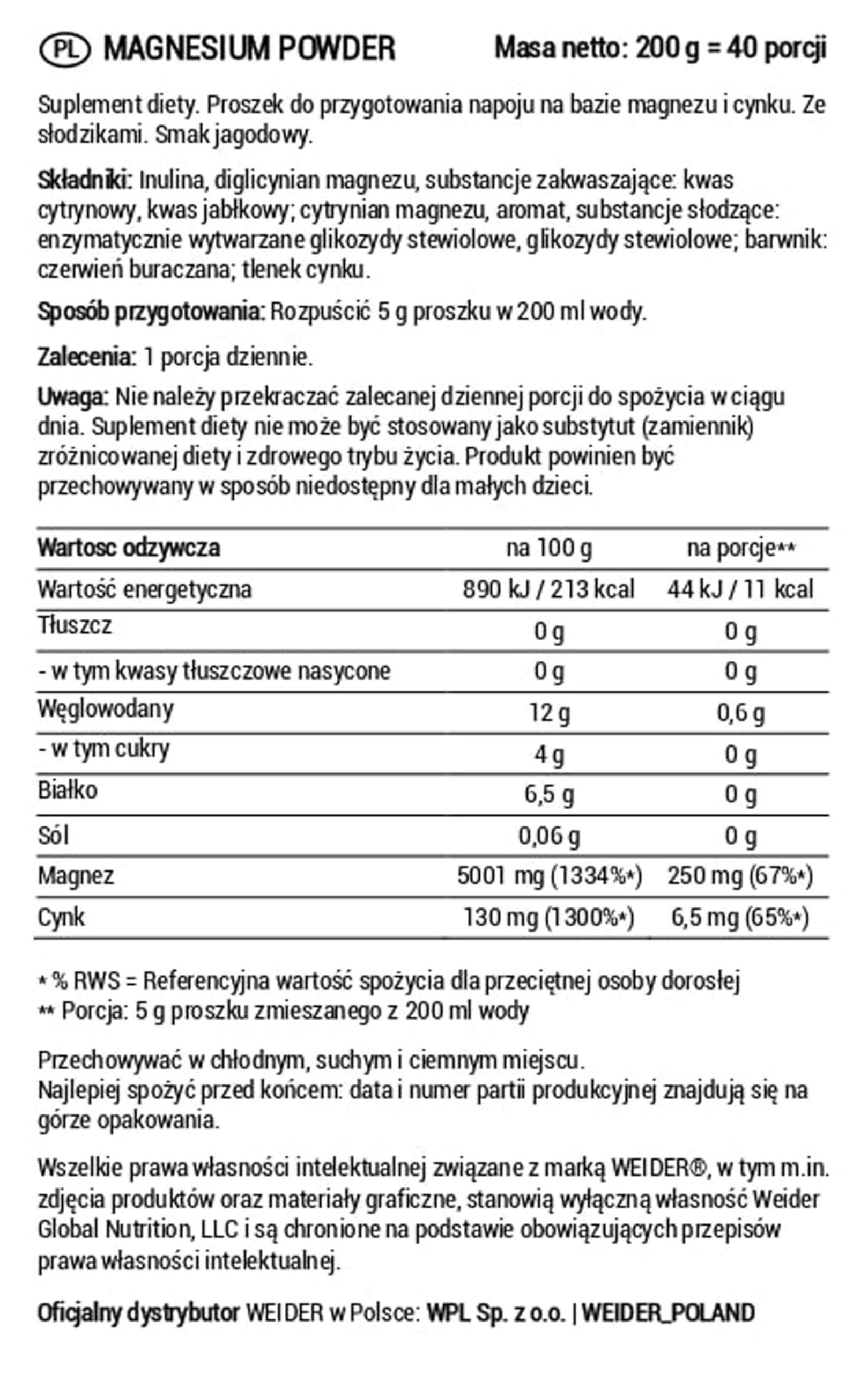 Weider Magnesium Powder (200 g), Smak Czerwone Owoce, 250 mg na Porcję, Magnez w Proszku (Bisglicynian i Cytrynian) z Cynkiem, Wspiera Mięśnie i Kości, Redukuje Zmęczenie, Bez Dodatku Cukru, Wegański