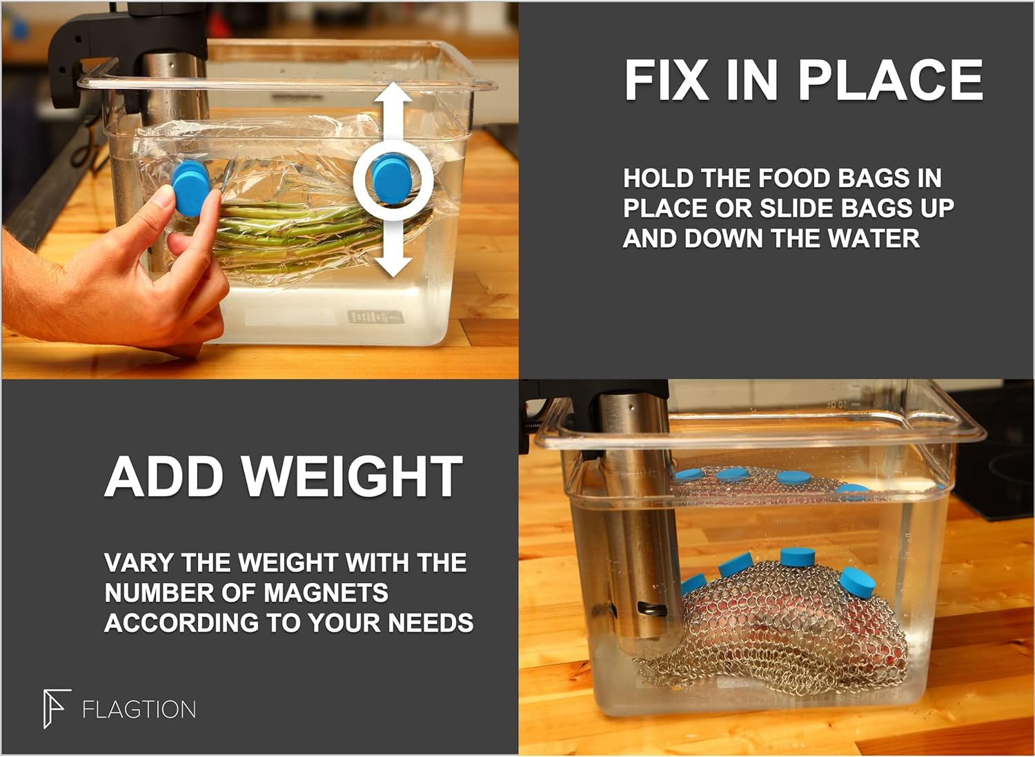 Sous Vide Accessory Set - Includes 1lb Food Grade Stainless Steel Sous Vide Mesh Net & 5 Silicone Coated Magnets (Total Weight: 1.5lbs), Sous Vide Accessory Kit to Avoid Undercooked Food