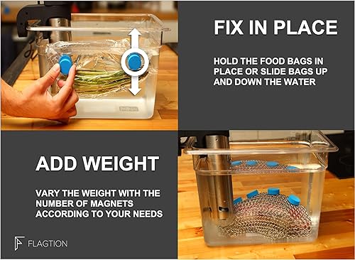Miniatura 7 de FLAGTION Sous Vide, juego de red de malla de acero inoxidable de grado alimenticio de 1.5 libras y 5 imanes recubiertos de silicona para cocinar al