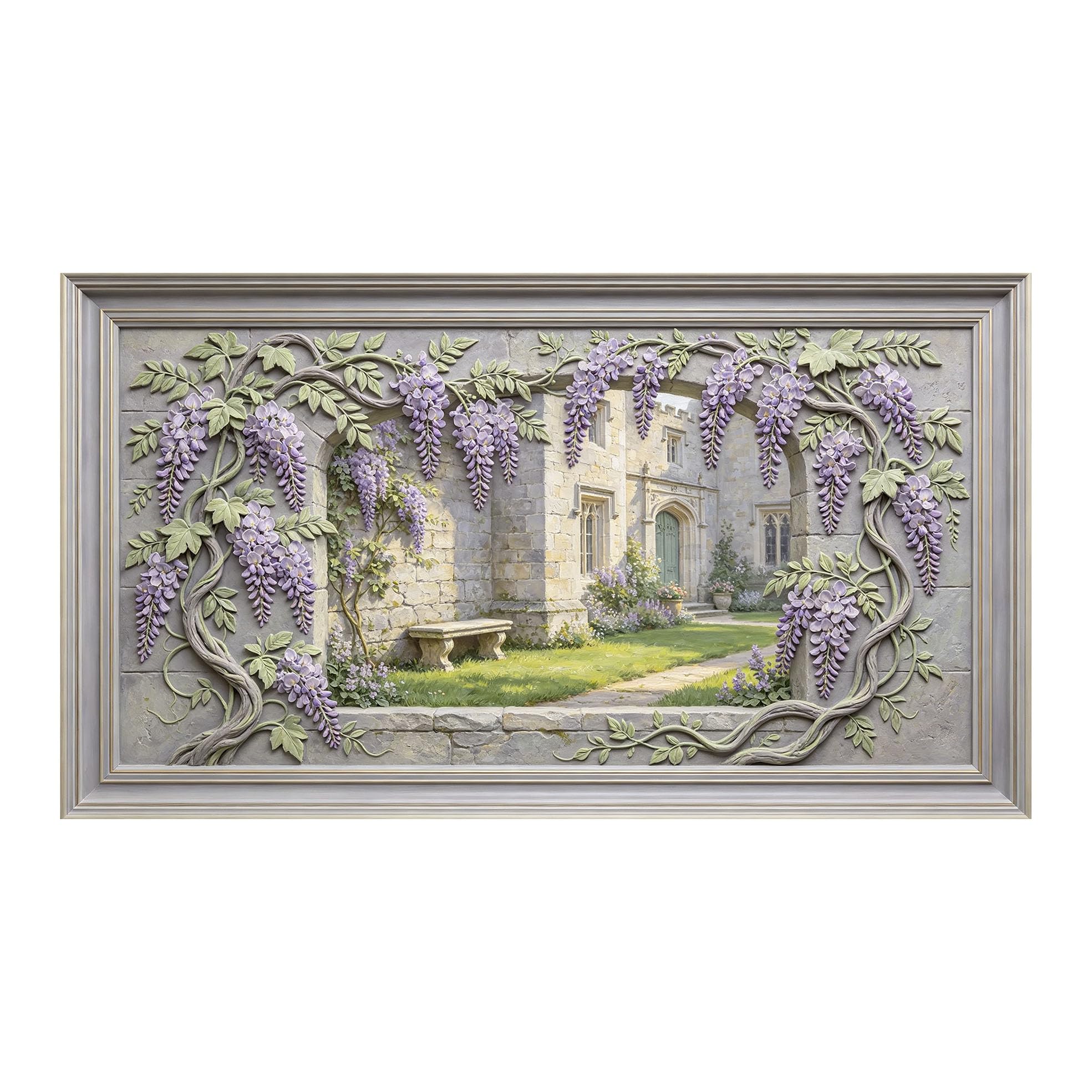 Murasolite 3D Framed Wall Art Wisteria Garden European Classic Stone Courtyard Relief Effect SelfAdhesive Fabric Mural Wall Decor,No Damage to Wall,AntiFall Safe Design for Bedroom Living Room