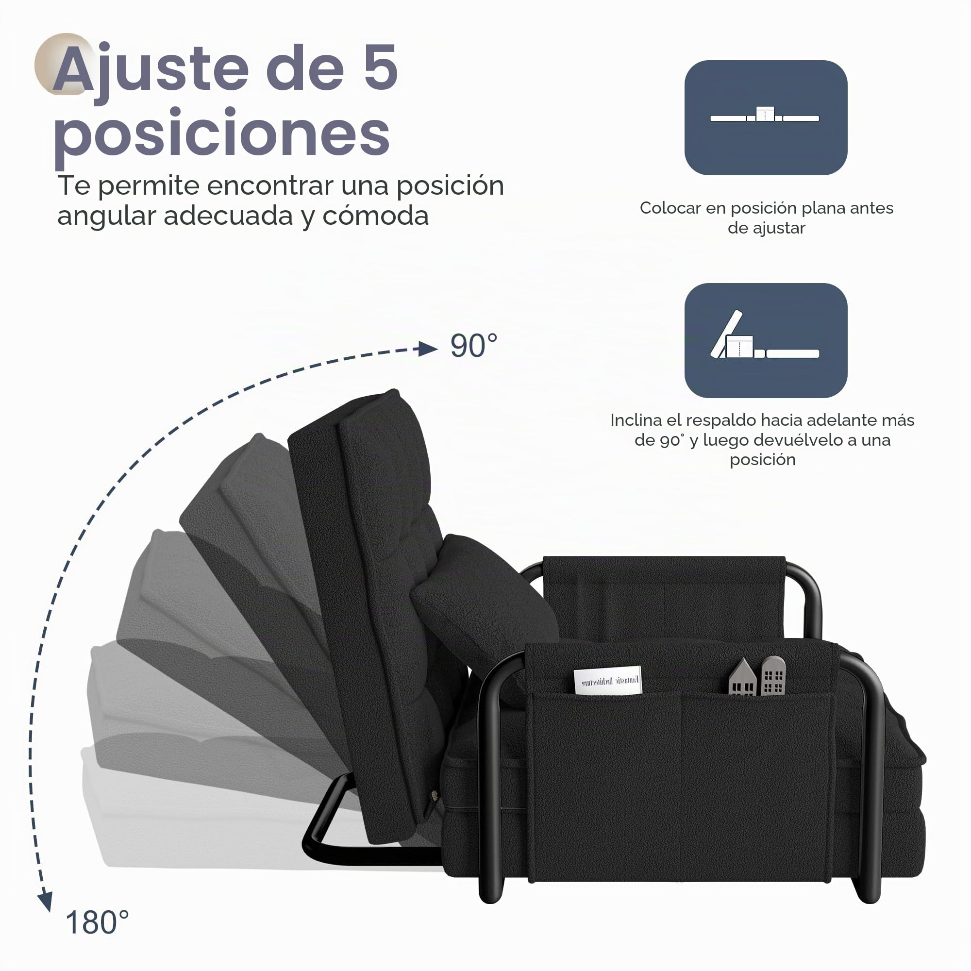 Sofá perezoso Tatami con 2 bolsillos laterales, sillón de suelo ajustable, silla de piso reclinable, ajustable 5 posiciones, asiento de suelo para casa y oficina, sentarse y acostarse (negro, A)