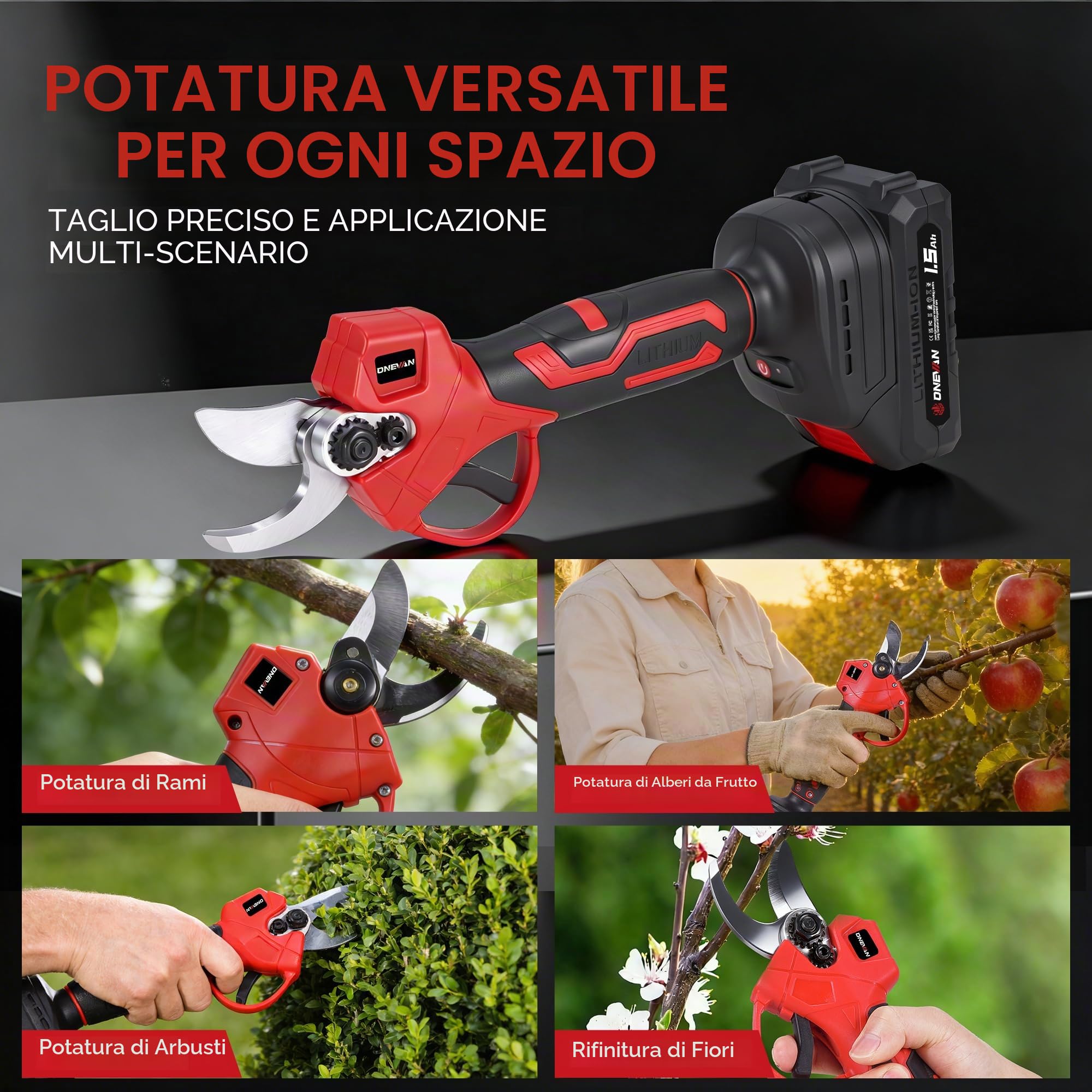 ONEVAN Cesoie a batteria, Cesoie elettriche per alberi diametro di taglio 25mm, Brushless, Senza fili e Leggere, incl. 2x1,5Ah batterie, Lame SK5, cesoie da giardino senza fili per giardino, albero