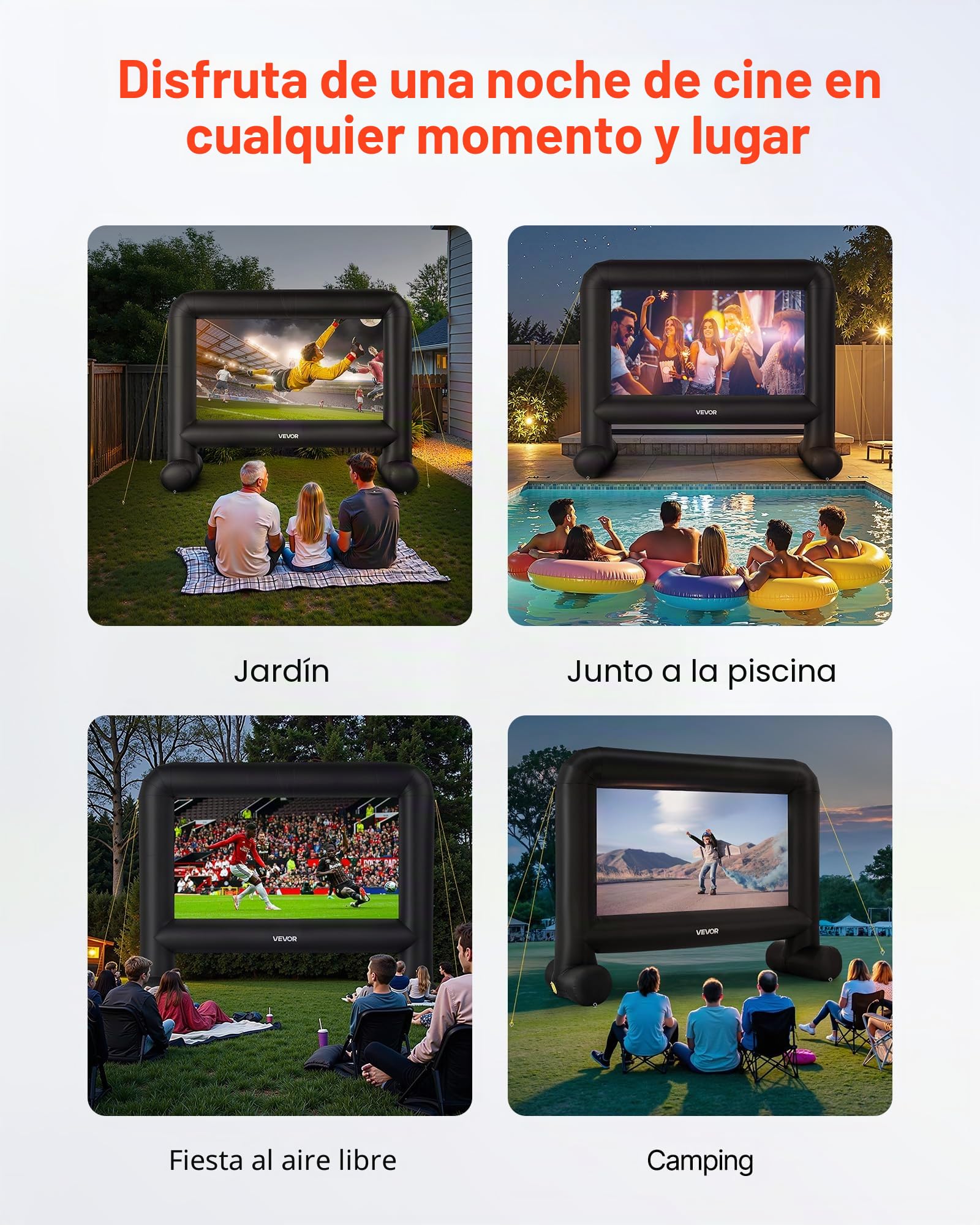 VEVOR Pantalla de Cine Inflable 263 x 147 cm 16:9 Lavable 600D con Bolsa de Almacenamiento Portátil Fácil de Instalar Visión de 160° Pantalla de Proyección para Exteriores, Cine en casa, Fiestas