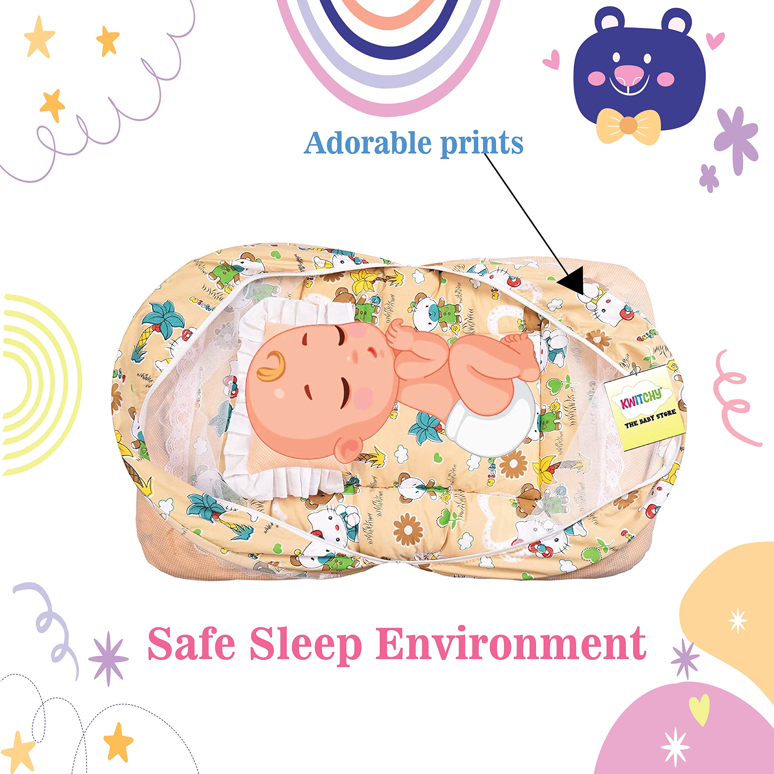 Kwitchy Baby Bed New Born Baby Bedding Set|Mosquito Net|Mattress|Cotton|Zip Closure|Printed|Products All|Infants|Boys&Girls|Gifts 1