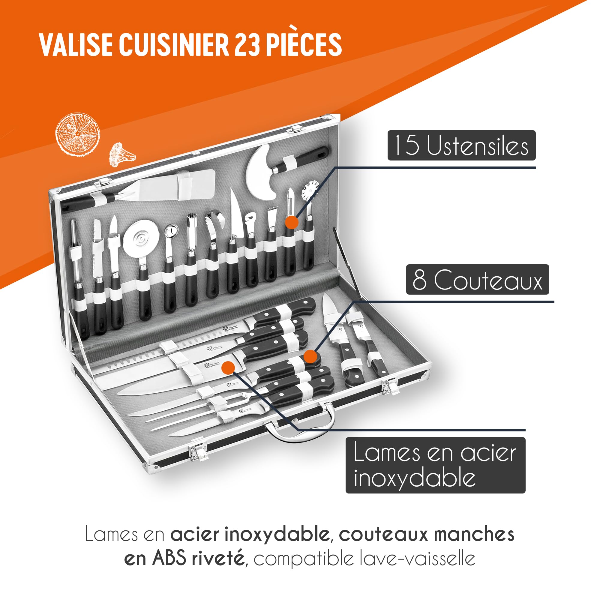 Pradel Excellence - 31123 - Mallette Couteaux de Cuisinier 23 Pièces - Lames Inox - Manches Polypropylène et ABS - Compatibles Lave-Vaisselle - Mallette Rangement - Style Unique - 50 x 28 cm