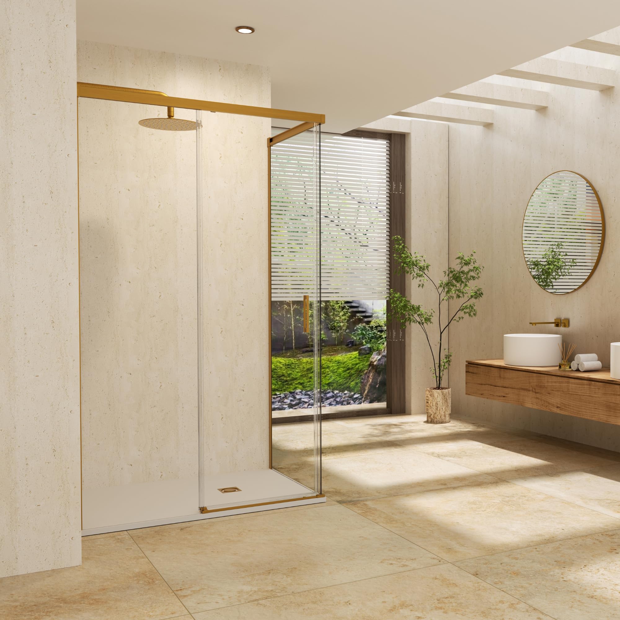 IMEX - Mampara Ducha 2 Fijas + 1 Corredera 100x70cm Oro Cepillado | Mampara Angular con Cristal Reversible y Perfilería de Aluminio con 195cm de Altura | Vidrio con Grosor 6mm y Cierre Magnético
