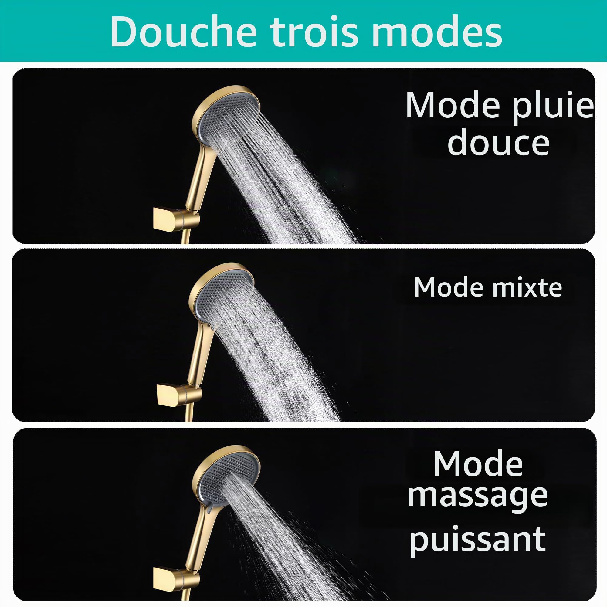 Mitigeur Douche Thermostatique Or Kit Complet, 38°C Anti-Brûlure | Apparent Mural, Set Complet Douchette 3 Jets, Flexible Douche, Porte-douchette, Verrouillage Sécurité 38°C, Entretien Facile