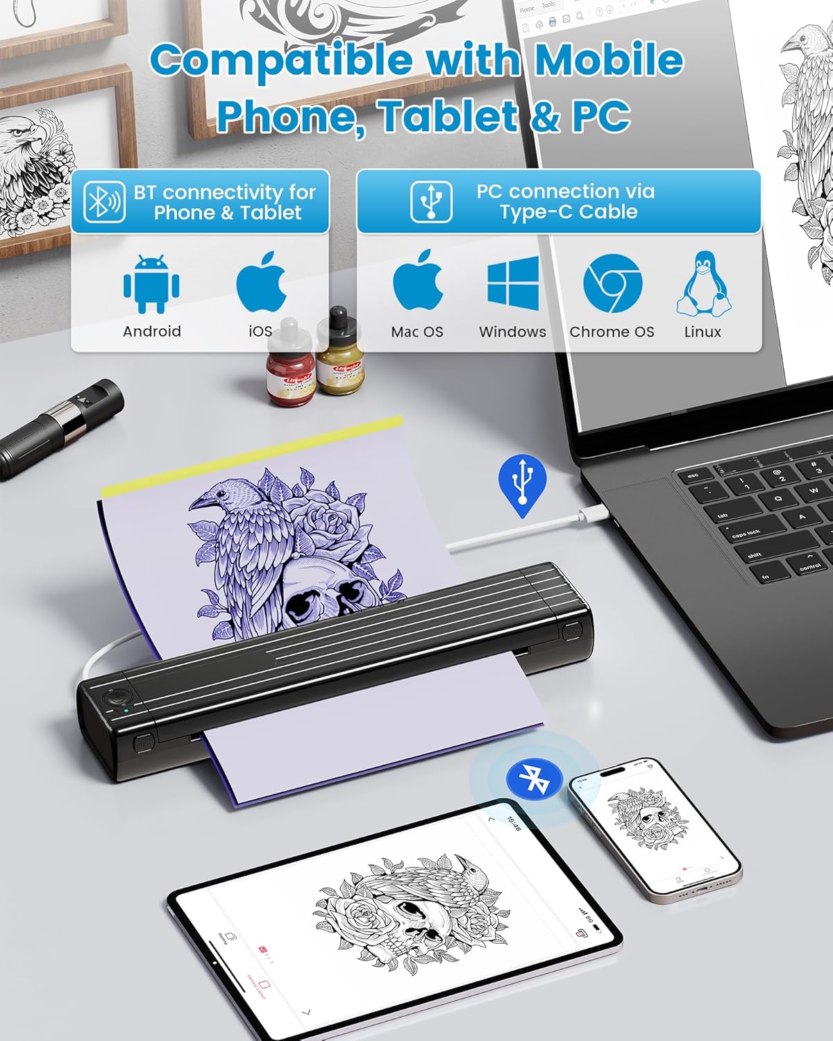 Wireless Tattoo Stencil Printer, Thermal Tattoo Transfer Printer TP83 with 10Pcs Transfer Paper, Bluetooth Tattoo Printer Machine Kit Compatible with iOS＆Android Phone & PC