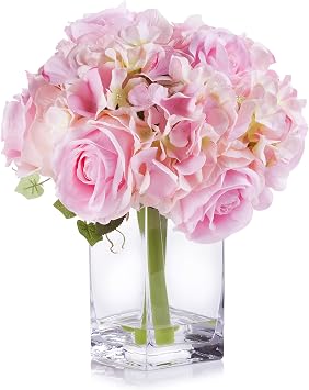 Mixed Rose and Hydrangea Silk Flower Arrangement in Glass Vase with Faux Water for Home Weddnig Centerpiece Pink