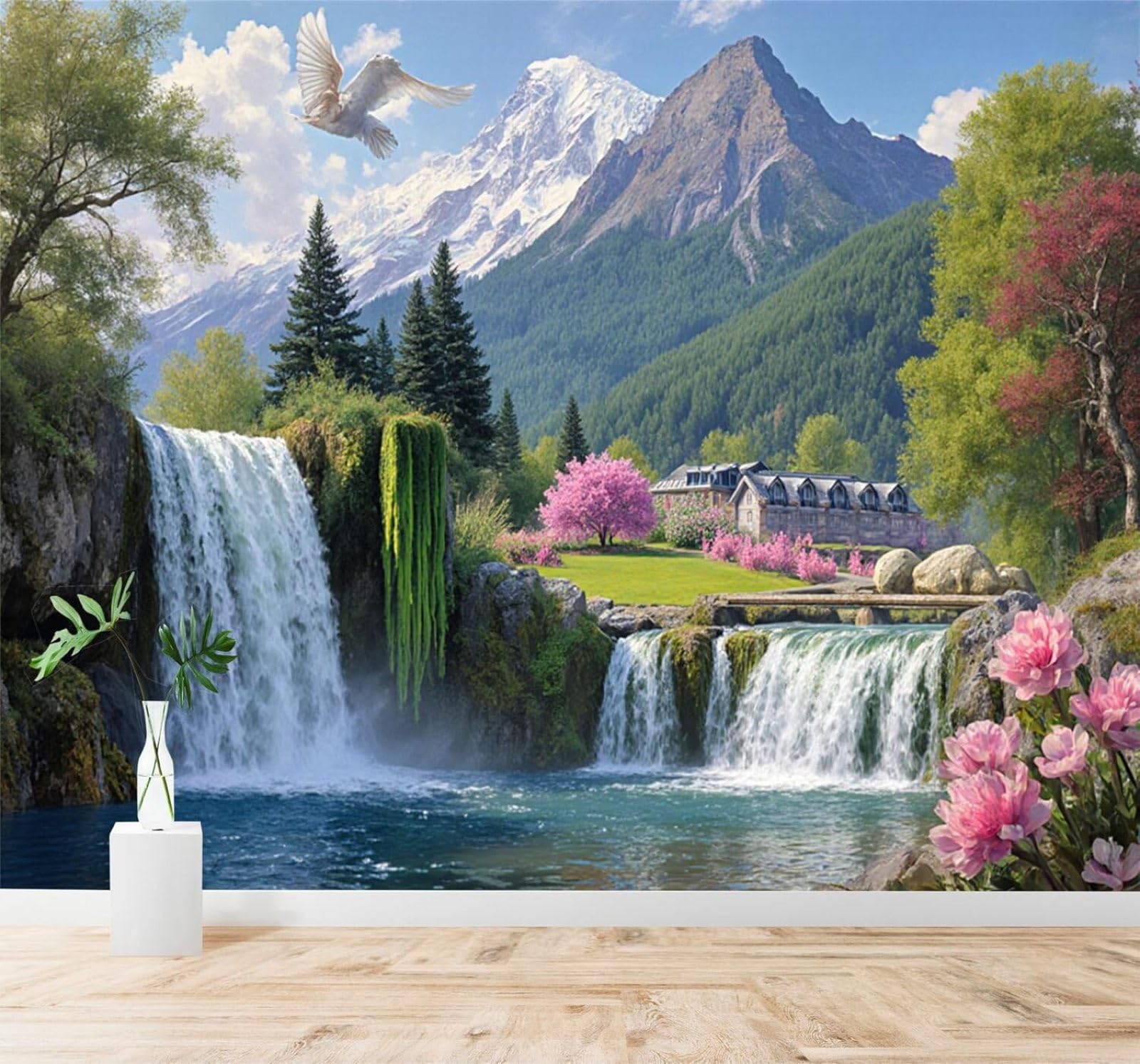 Xlming 250Cm×170Cm(B×H) Spring In Full Bloom Mountain Peaks Waterfalls Green Forests Tranquil Lakes 3D Wallpaper Silky Texture Home Study Office Grey Dining Room Sofa Bedroom Living Room Tv Backdrop-250Cm×170Cm