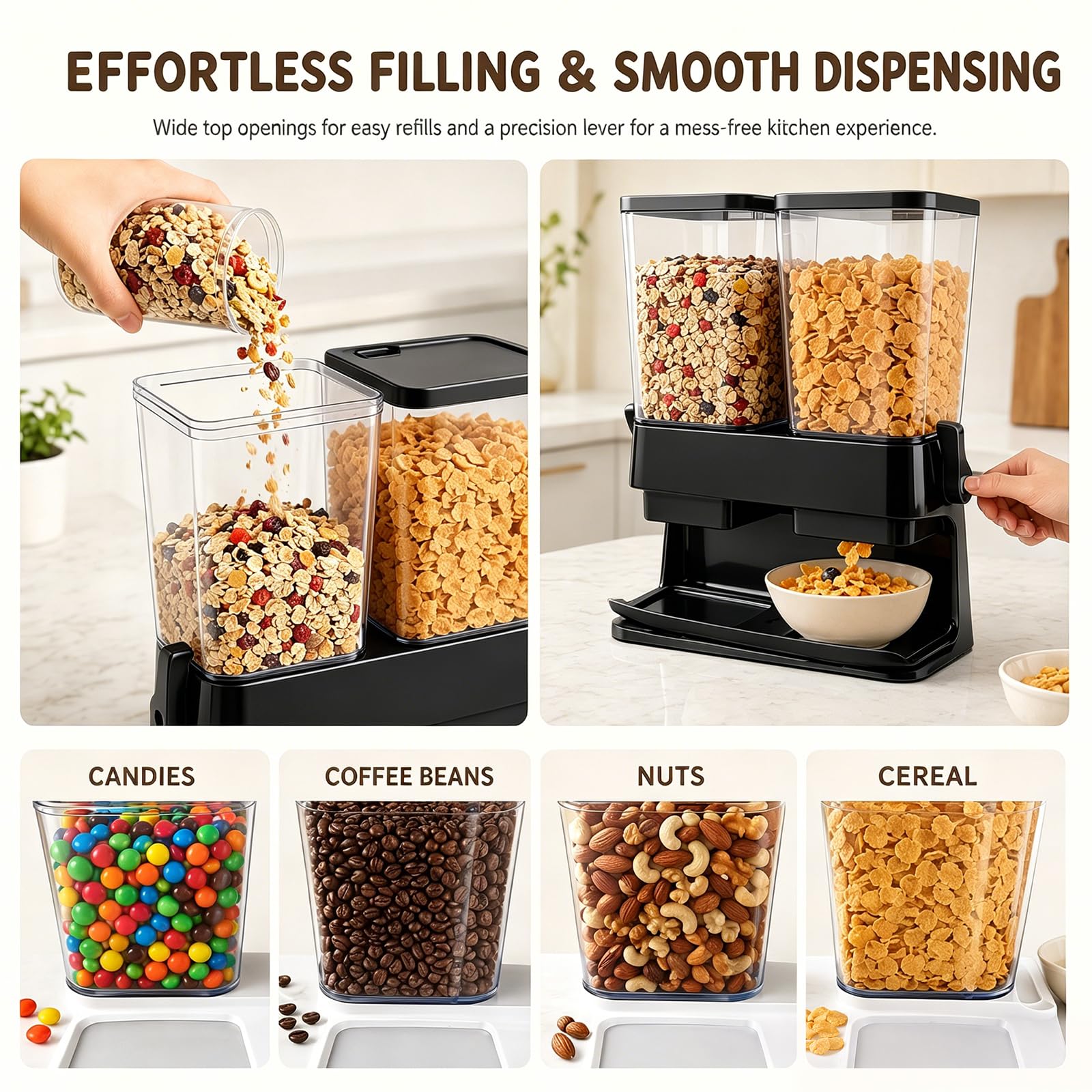 Juego de 2 dispensadores de cereales, recipiente de almacenamiento hermético doble de 3 L para cereales, caja transparente para frutos secos, granos de café y comida seca, recipiente de almacenamiento