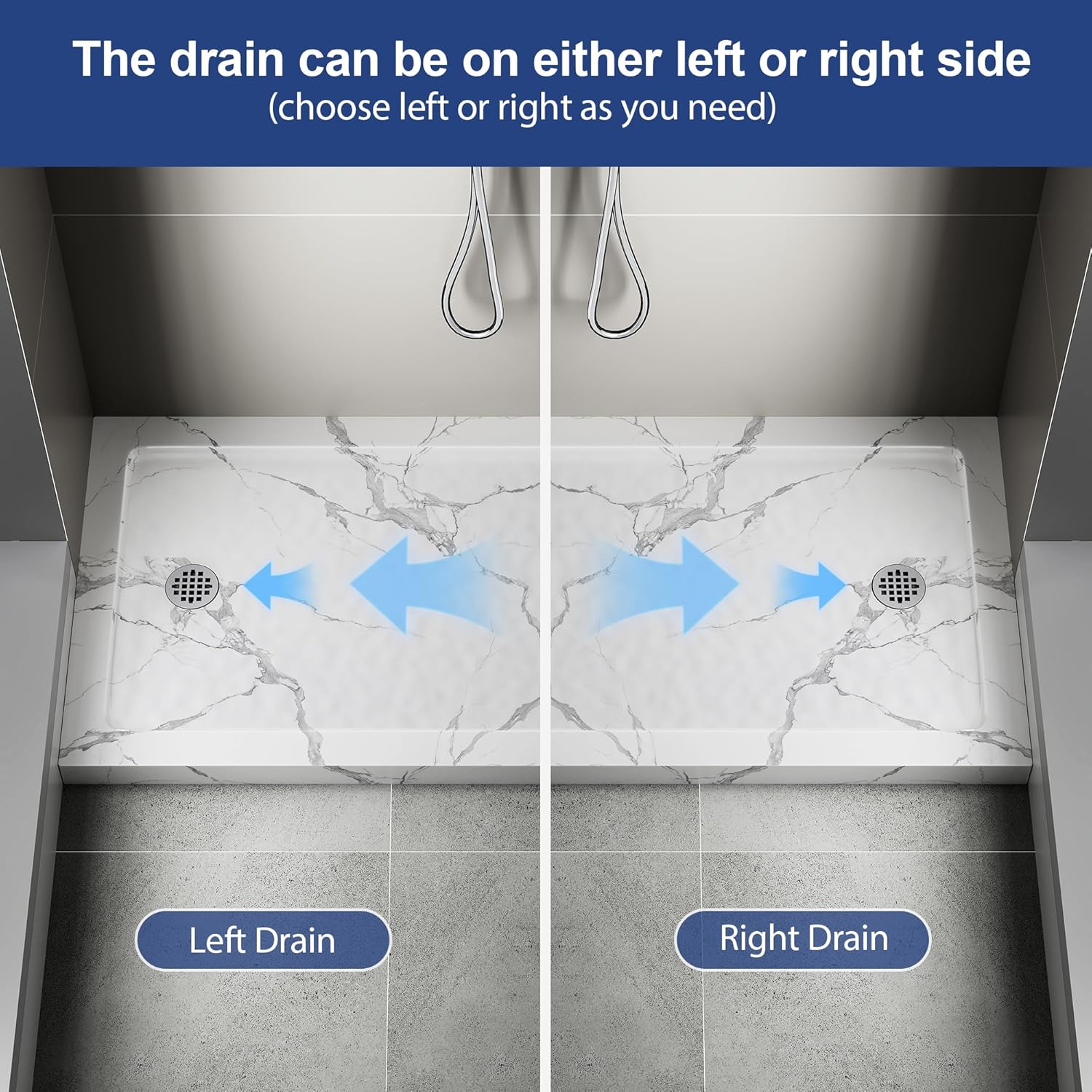 KPUY Shower Base, 54'' L X 32'' W Shower Pan with Reversible Installation Drain, Slip Resistant Design & Non‑Integrated Flange, Carrara White