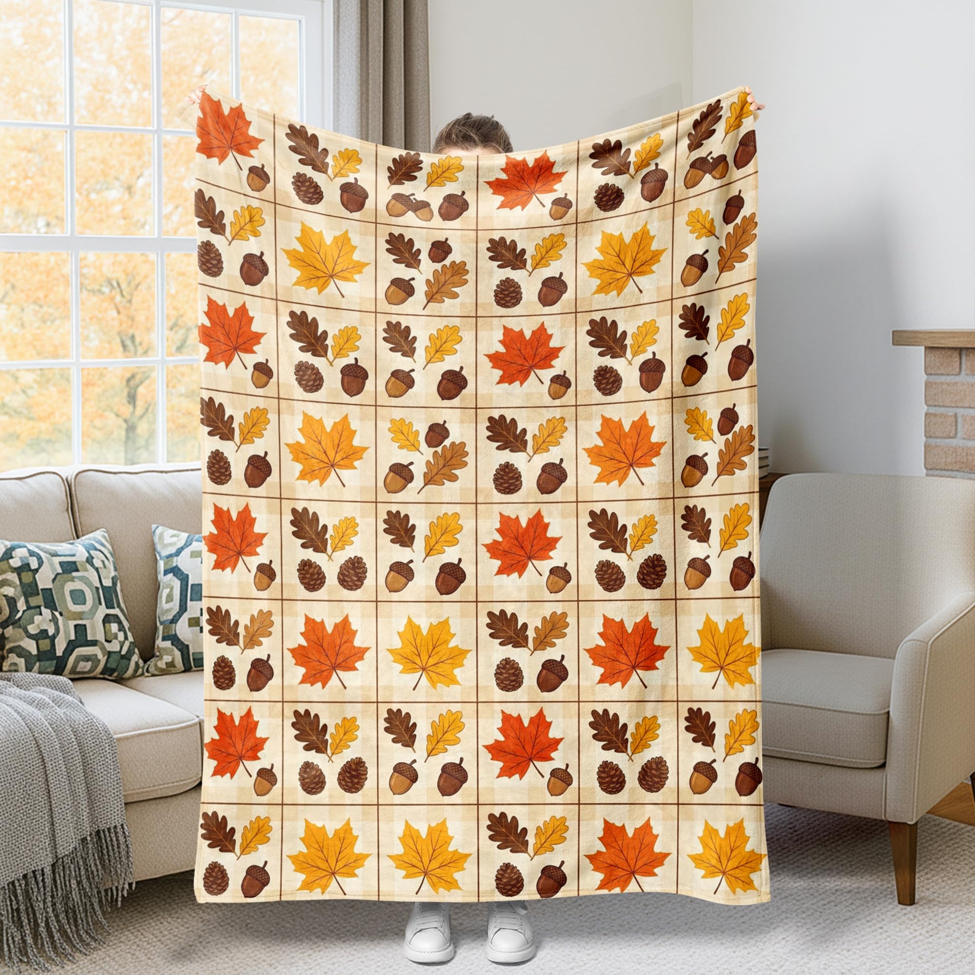 Couverture en molleton douce 150x200cm orange motif érable rustique pour lit