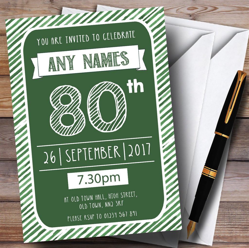 Green & White Stripy Deco 80th Personalized Birthday Party Invitations