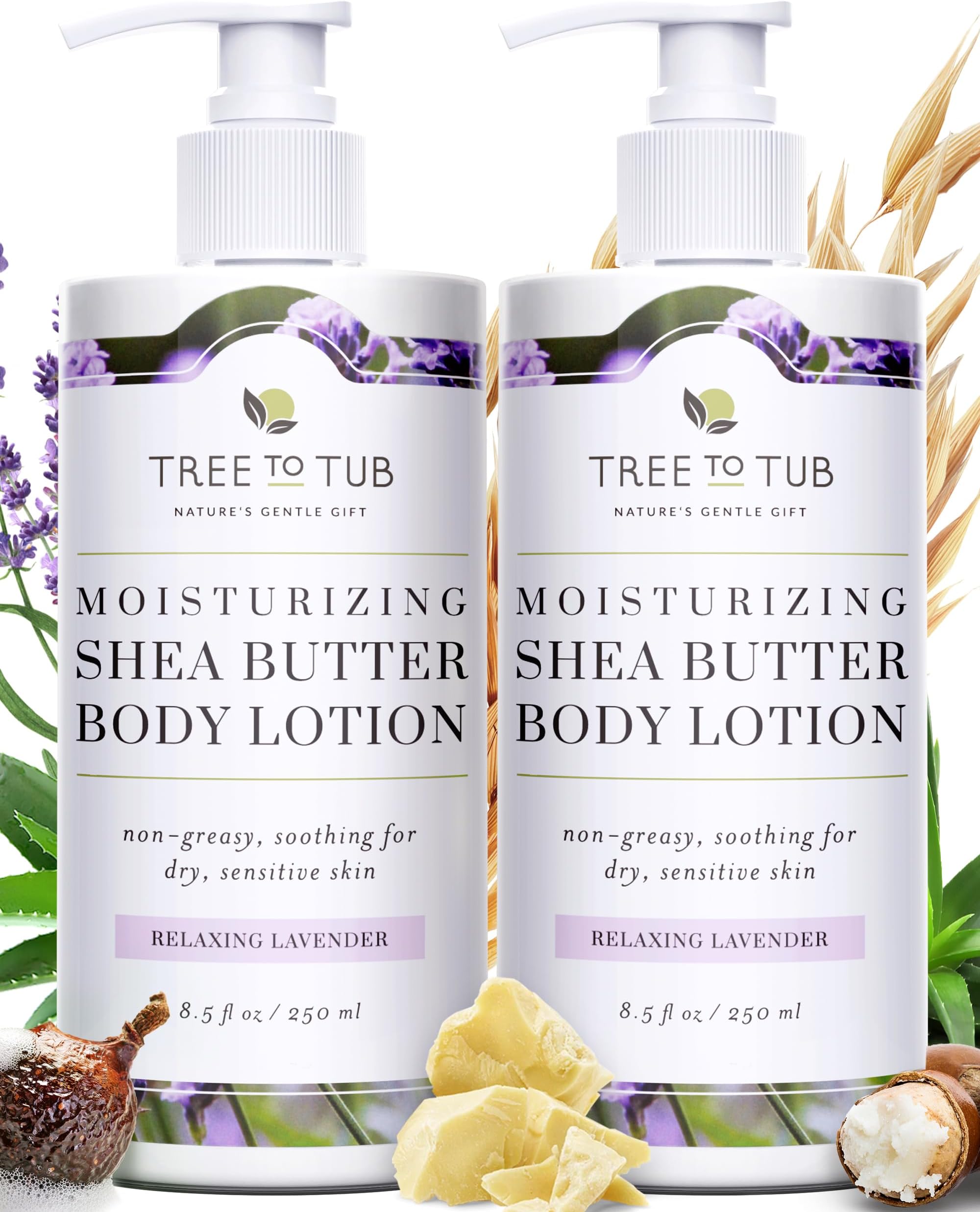 Tree to Tub Lavender Shea Butter Body Lotion for Dry Skin - Moisturizing Sensitive Skin Lotion for Women & Men, Vegan Body Moisturizer w/Organic Aloe Vera, Cocoa Butter, All Natural Colloidal Oatmeal