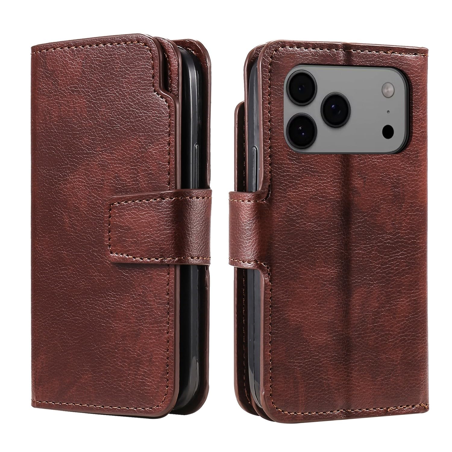 Portefeuille en cuir compatible avec iPhone 17 marron à rabat - 8