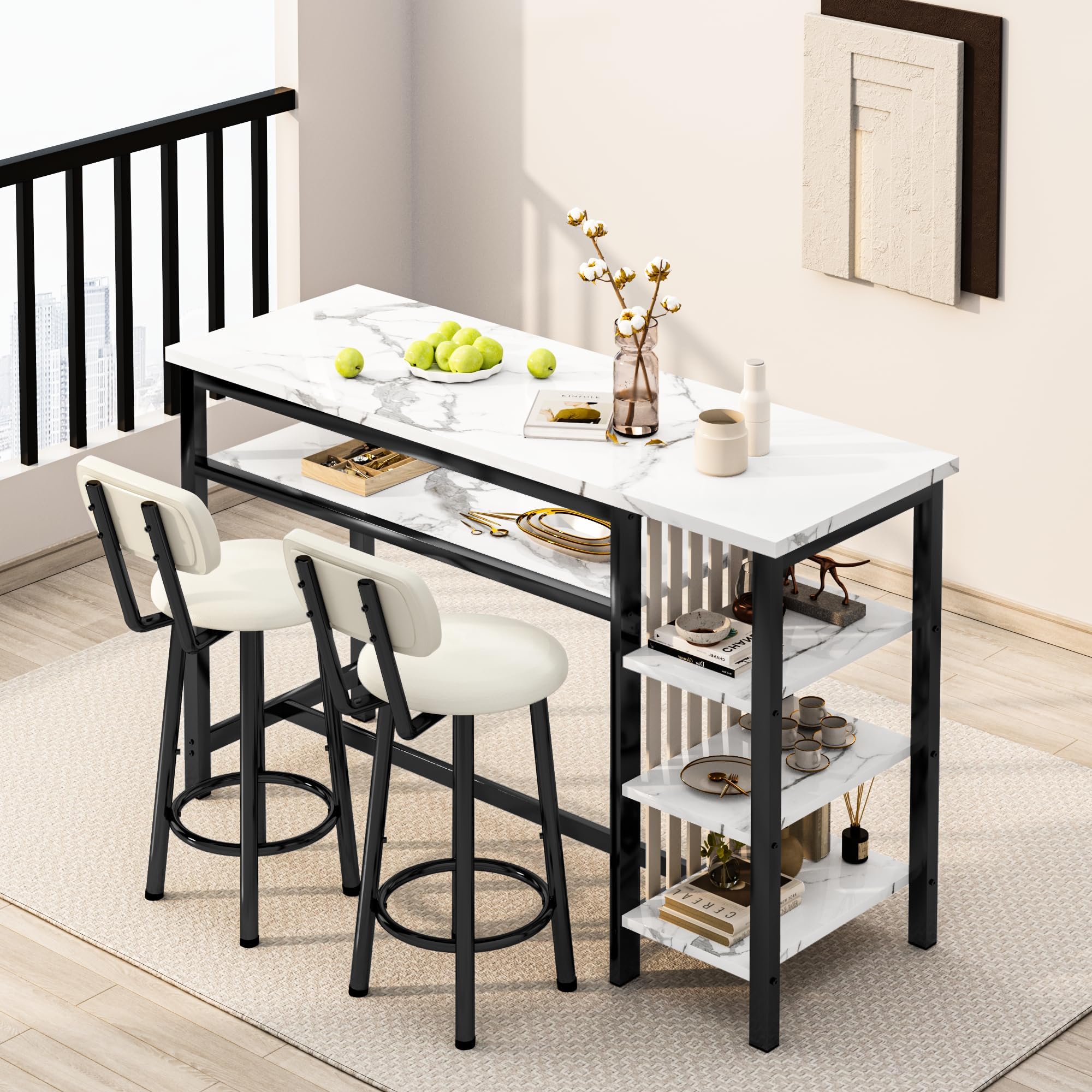AWQM Set Tavolo E Sgabelli Da Bar In Finto Marmo E Pelle PU, 3 Pezzi (1 Tavolo + 2 Sgabelli), Colore Marrone - Per Cucina, Bistrot E Balcone