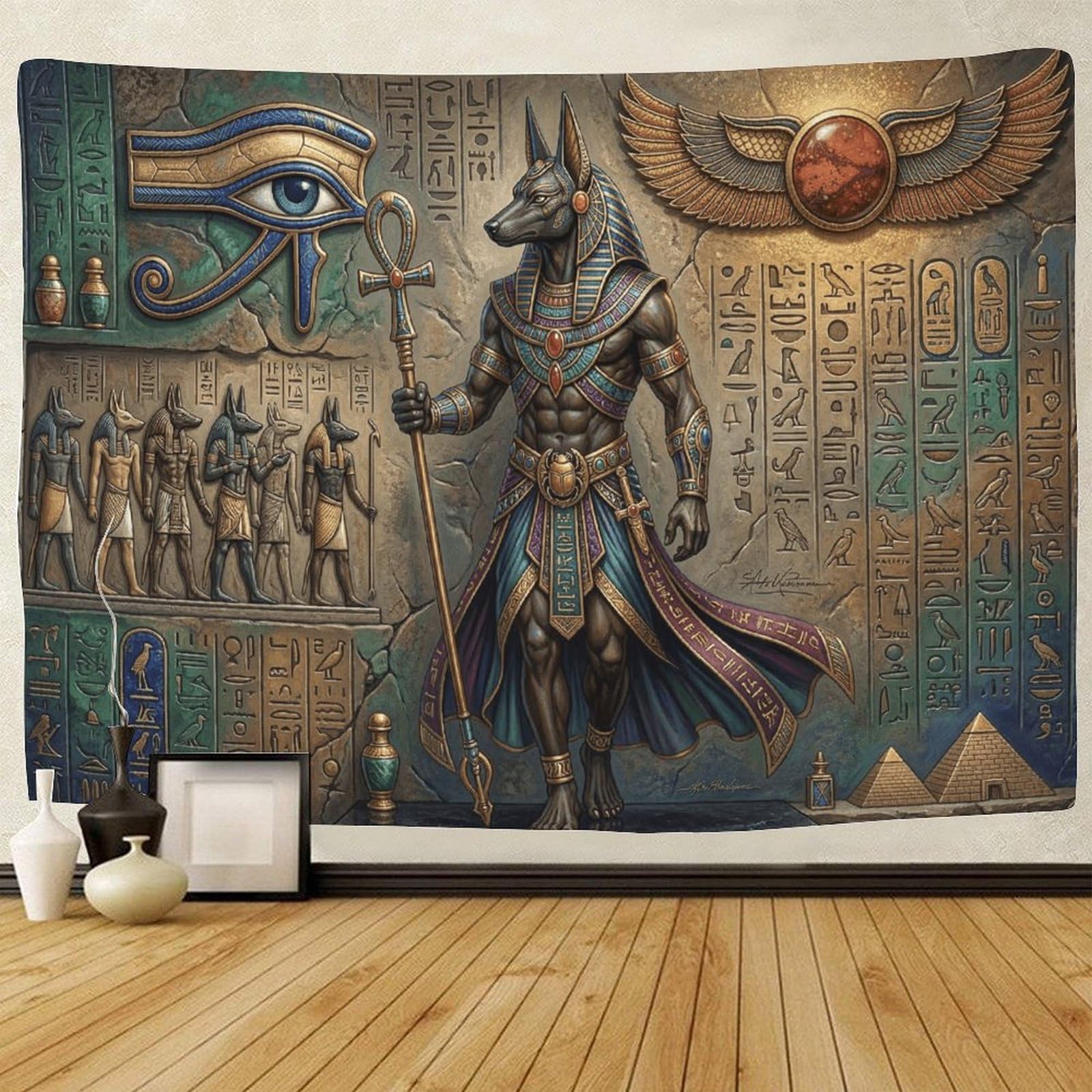 GPMNBCXZK Egyptian Anubis Wall Tapestry Bedroom Decor 3D Printed Wall Art Hieroglyphs Living Room Dorm 100cmx150cm
