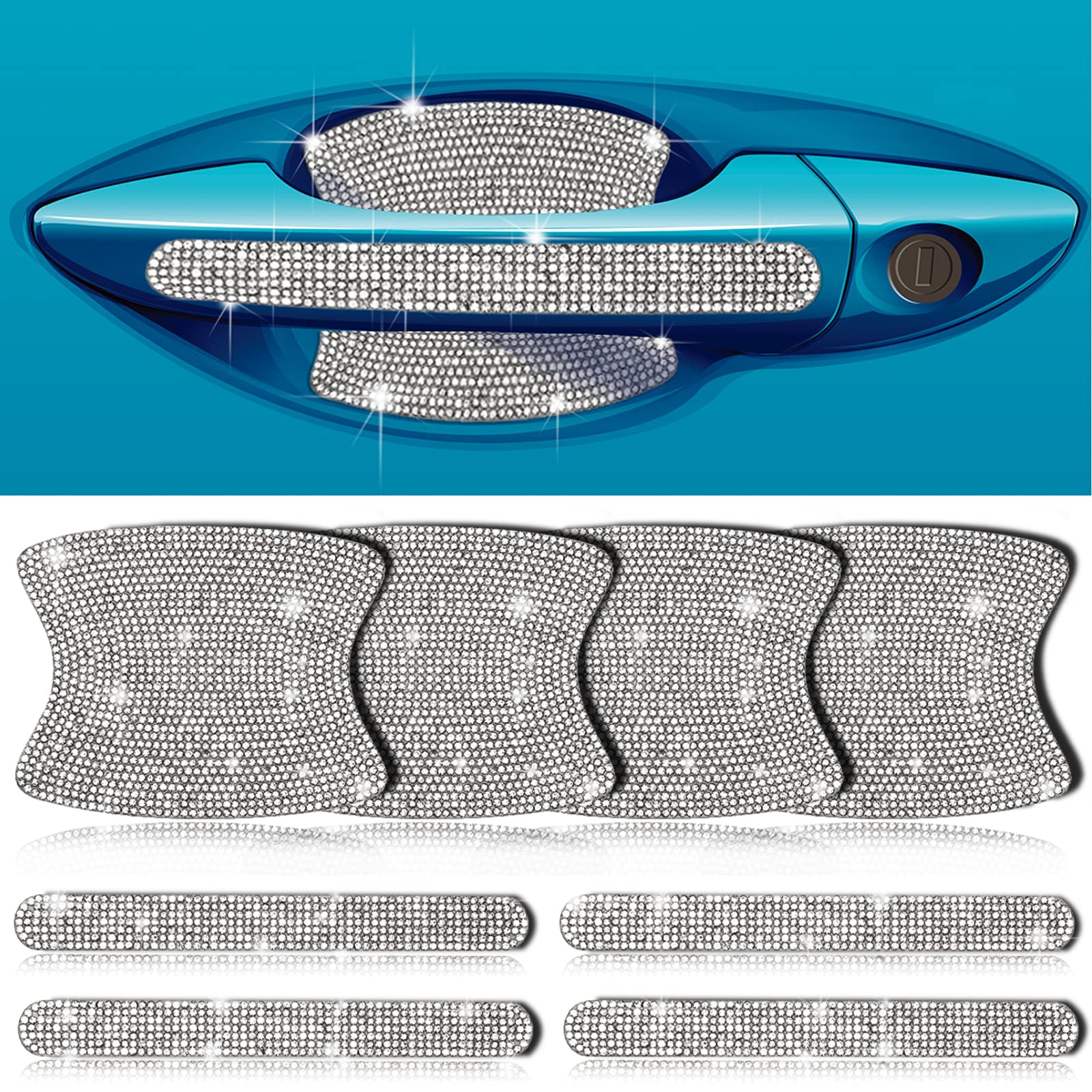 IGOOLEE 8PCS Bling Crystal Rhinestone Car Door Handle Stickers Decals Set Universal Artificial Diamond Inlaid Scratch Resistant Vehicle Handles Protectors for Auto Car Vehicle (Silver)