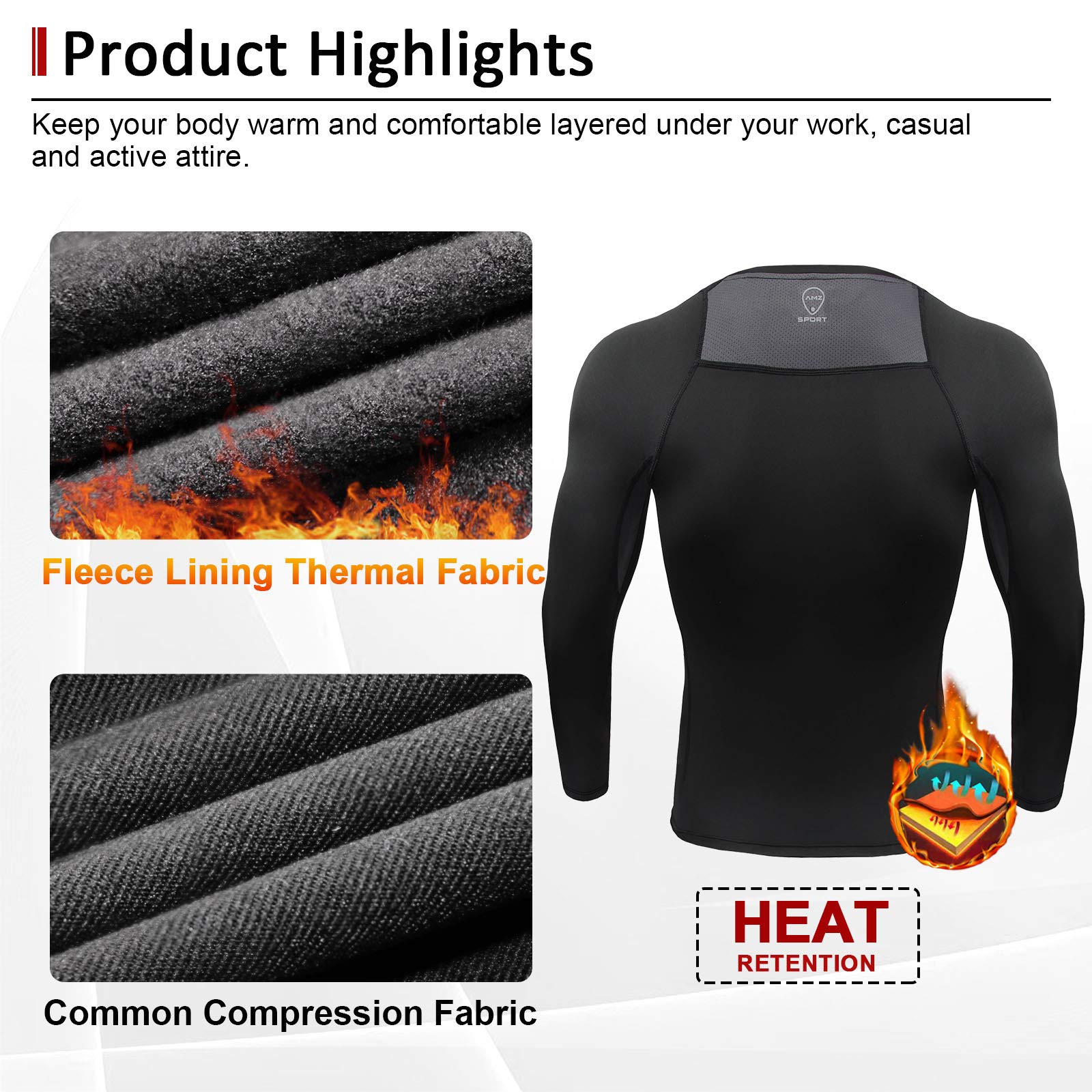 AMZSPORT Camicia a Compressione da Uomo, Maglietta a Maniche Lunghe Cool Dry Layer Fitness Top