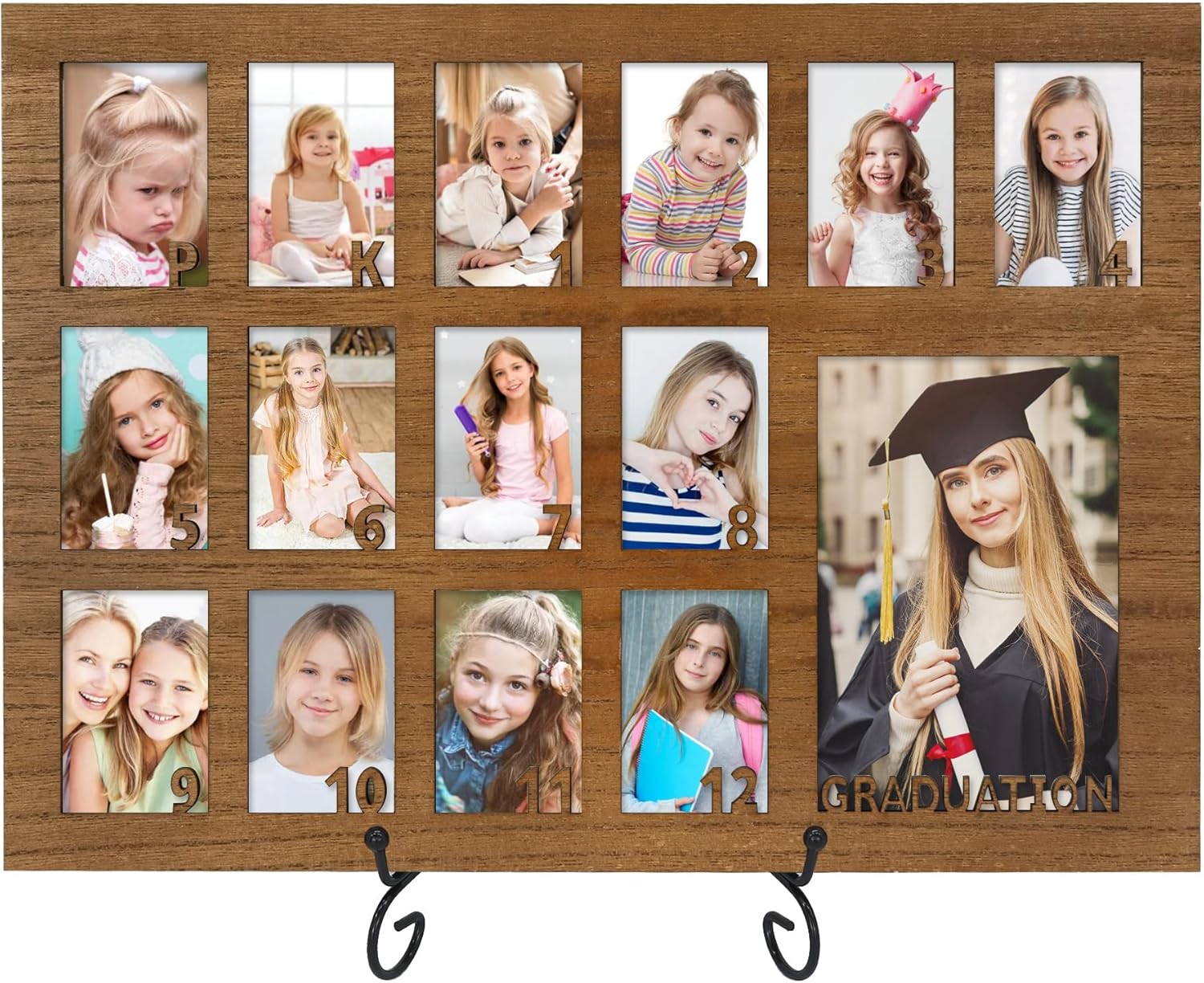 FramePro School Years Picture Frame Pre K to 12 Wooden Graduation Gift Collage Frame with Stand Easel, Displays One 4x6 and Twelve 2x3 Wallet Photos